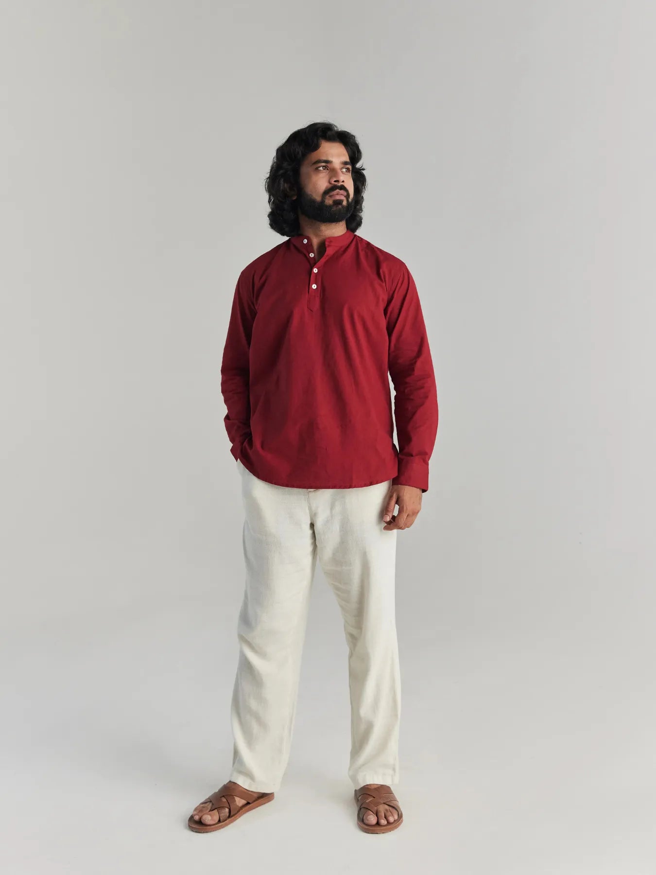 Men Maroon Airy Linen Short Kurta