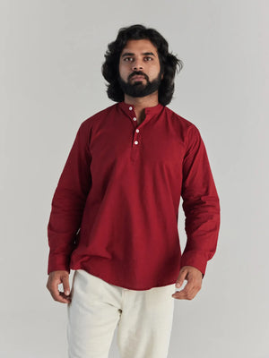 Men Maroon Airy Linen Short Kurta