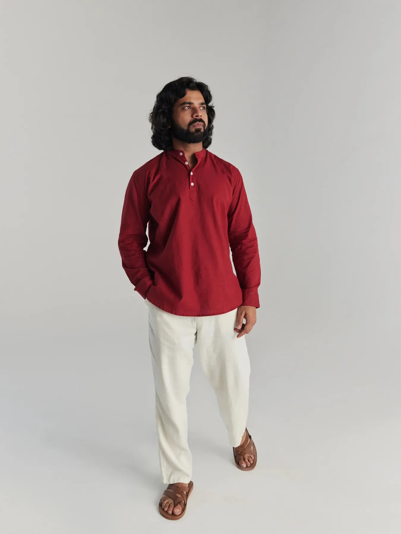 Men Maroon Airy Linen Short Kurta