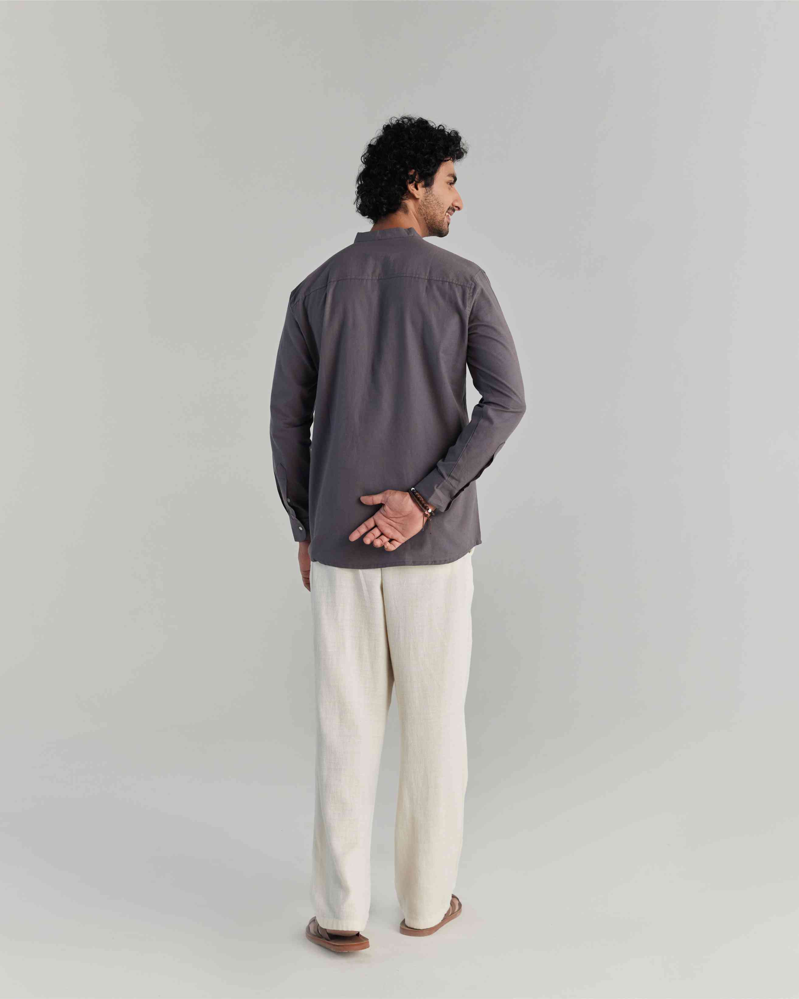 Men Grey Airy Linen Short Kurta