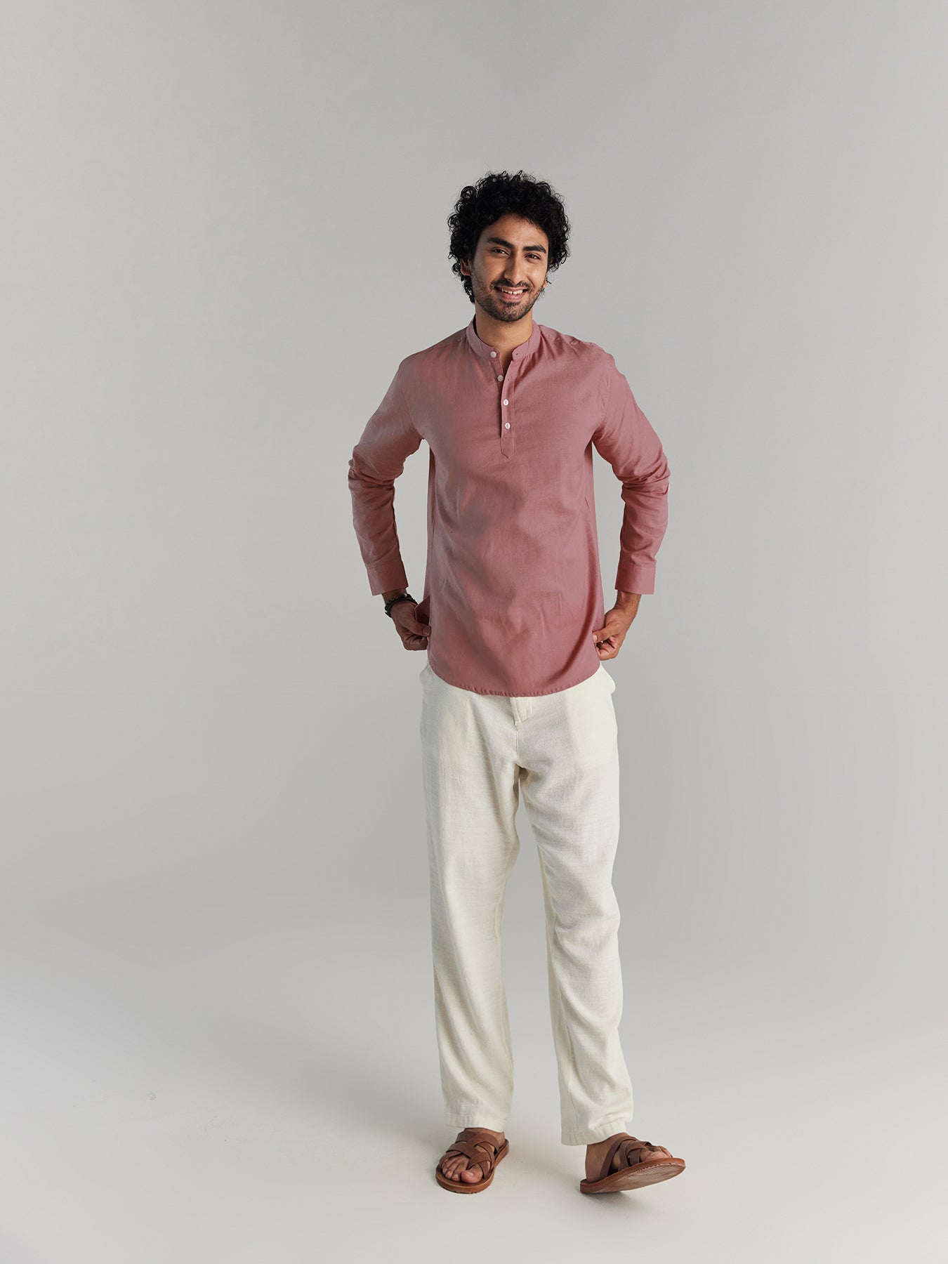 Men Rose Taupe Airy Linen Short Kurta