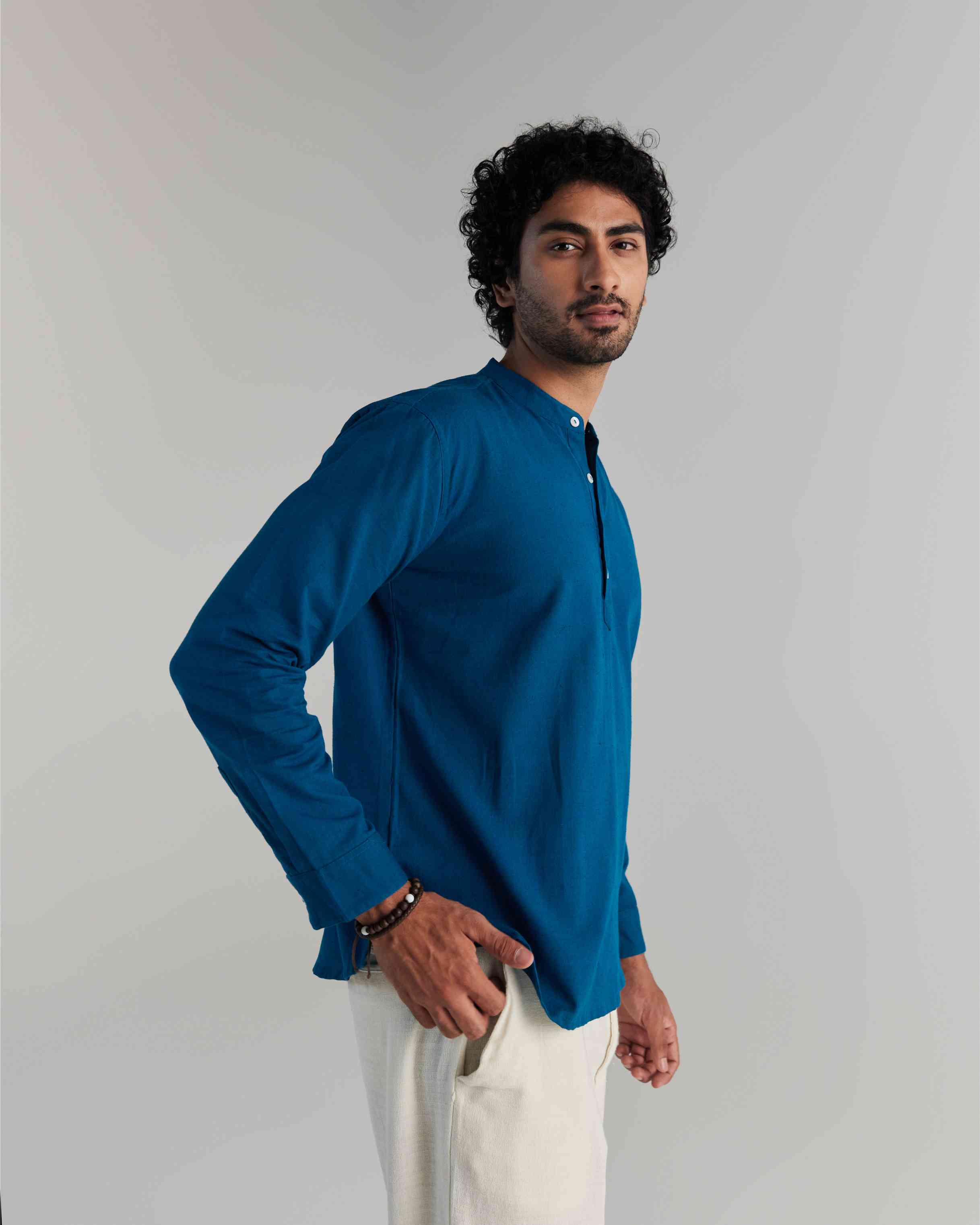 Men Turquoise Airy Linen Short Kurta