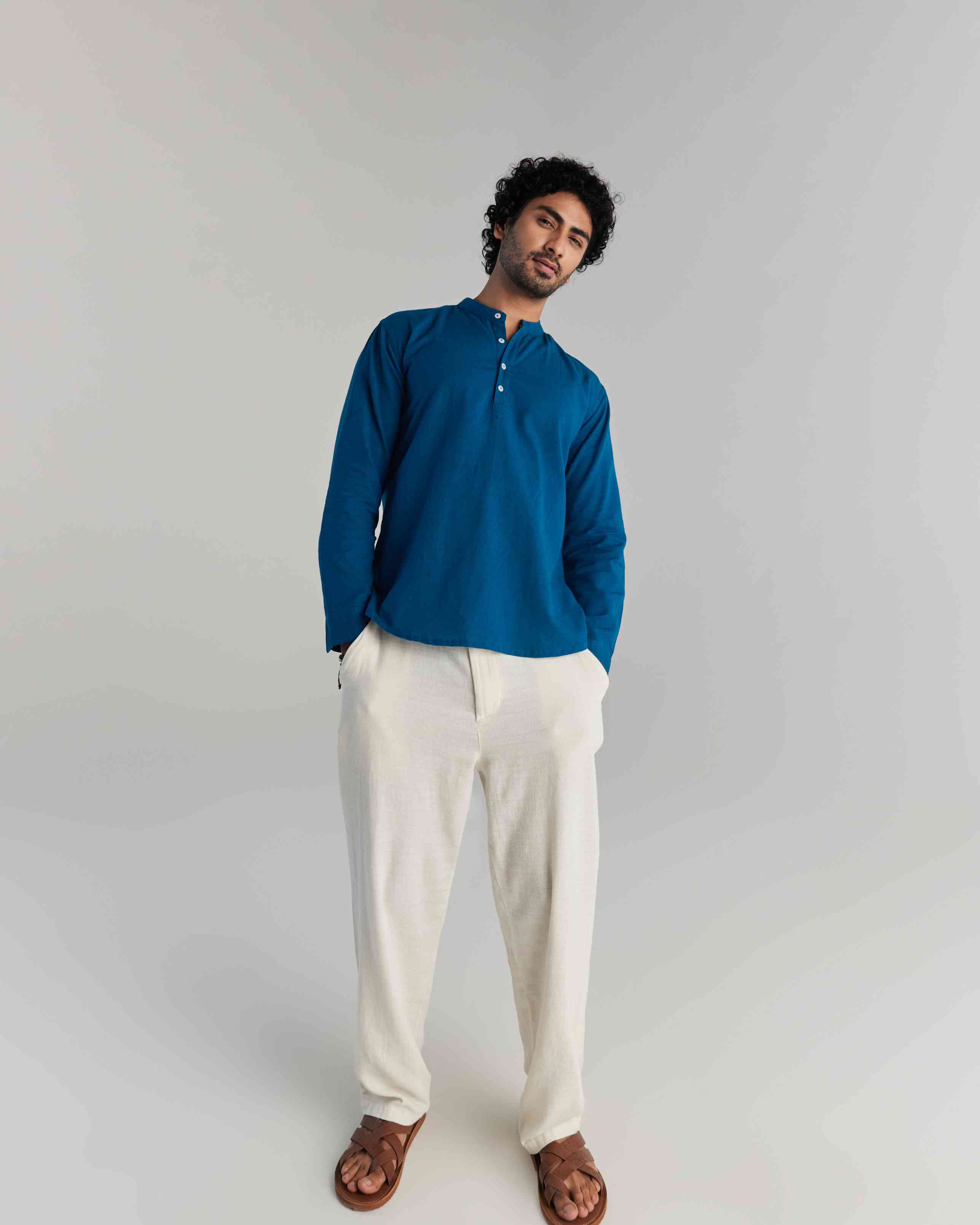 Men Turquoise Airy Linen Short Kurta