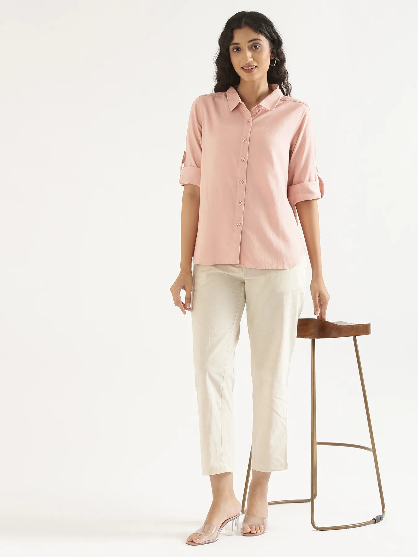 Women Salmon Pink Airy-Linen Shirt