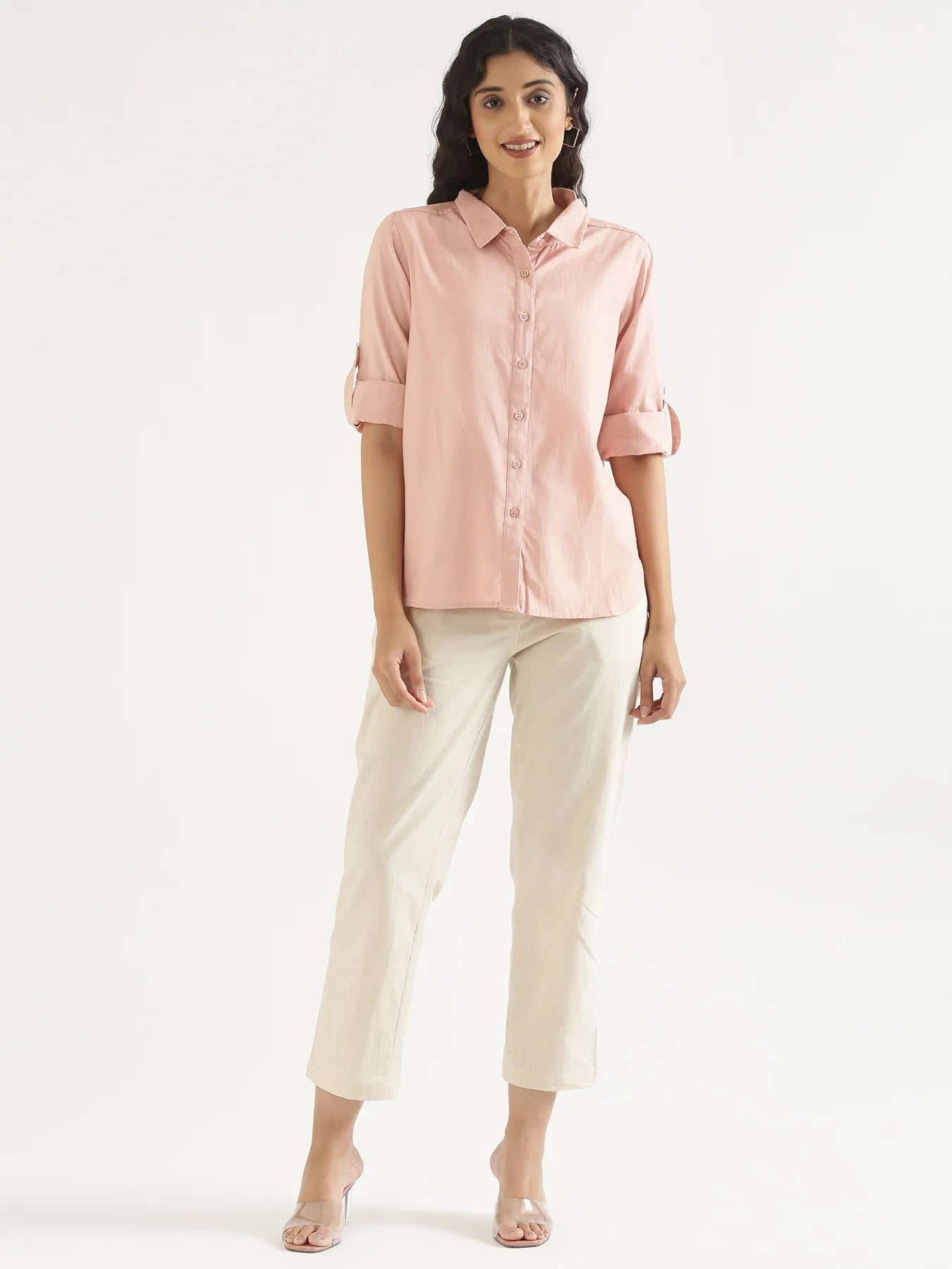 Women Salmon Pink Airy-Linen Shirt