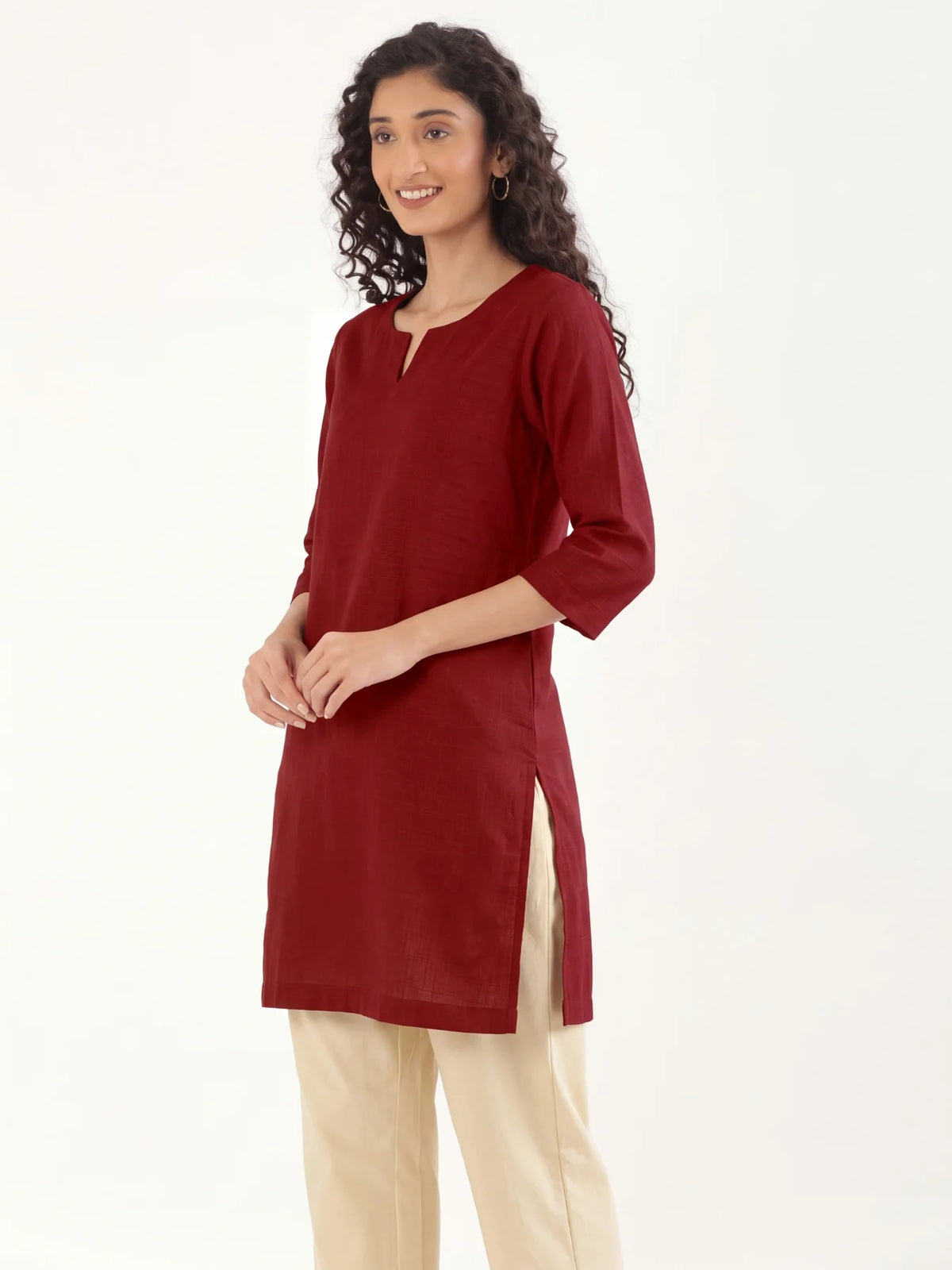 Women Maroon Airy Linen Mid Thigh Length Kurta