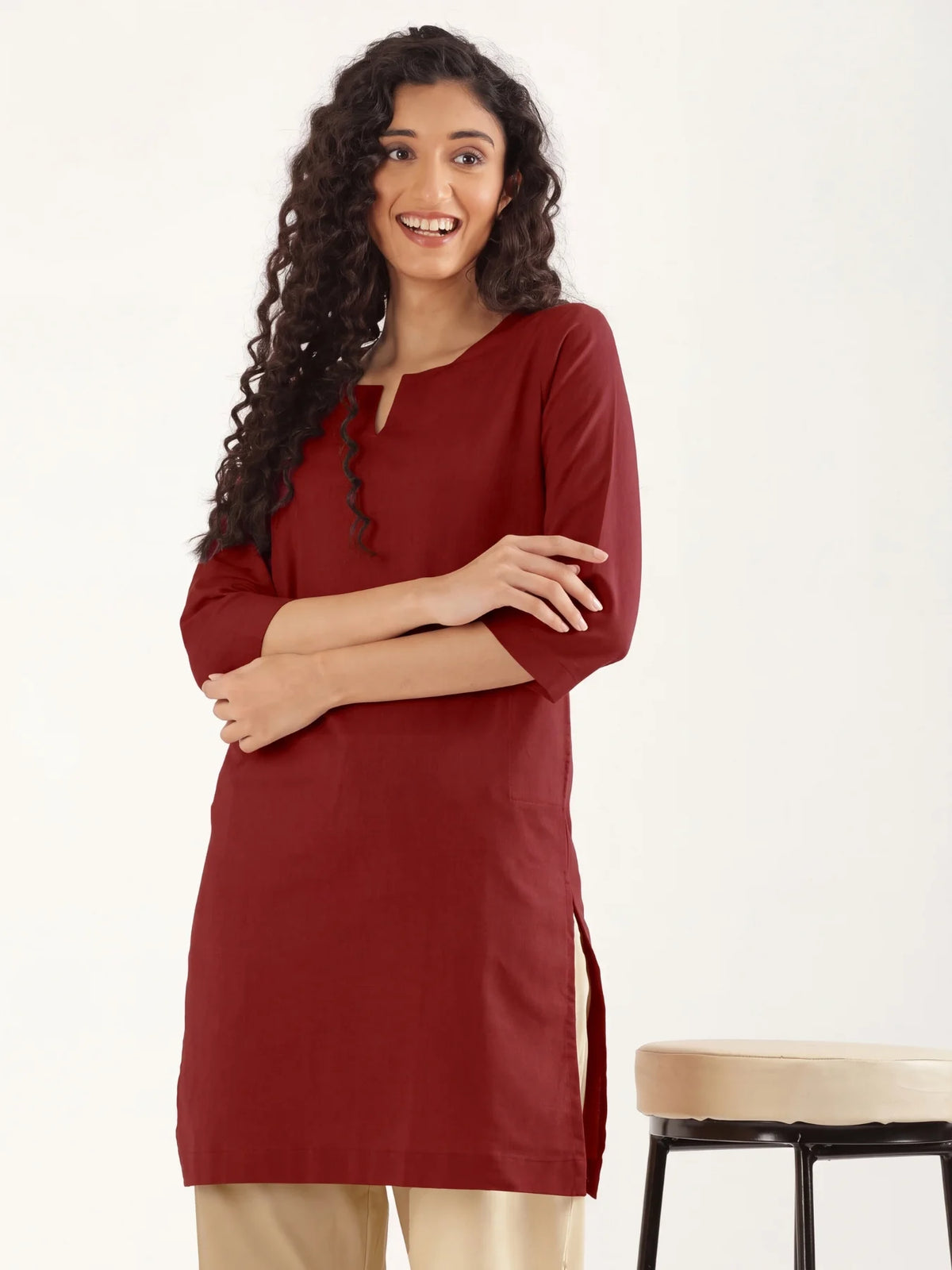 Women Maroon Airy Linen Mid Thigh Length Kurta