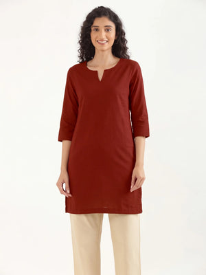 Women Maroon Airy Linen Mid Thigh Length Kurta