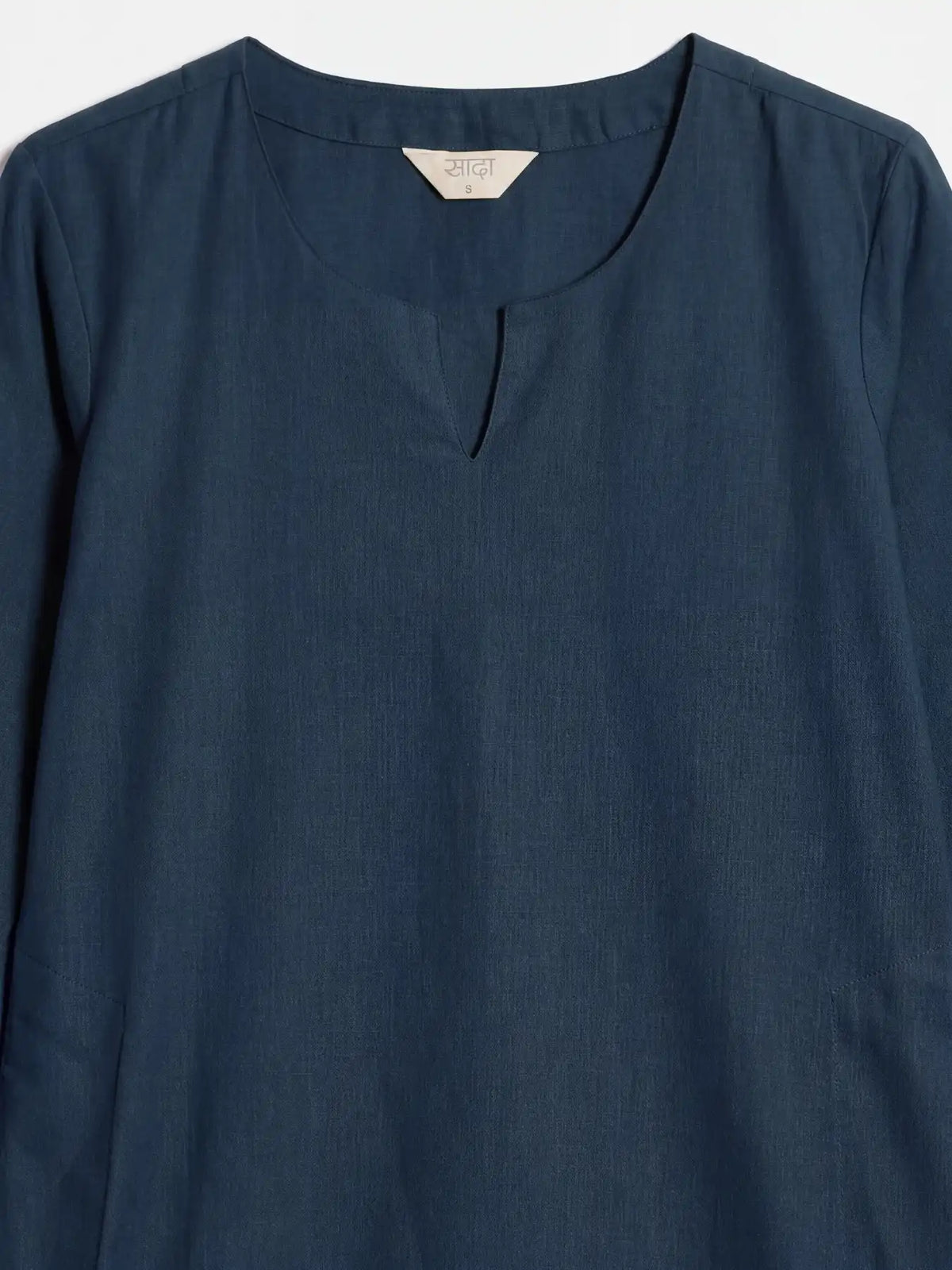 Women Navy Blue Airy Linen Mid Thigh Length Kurta