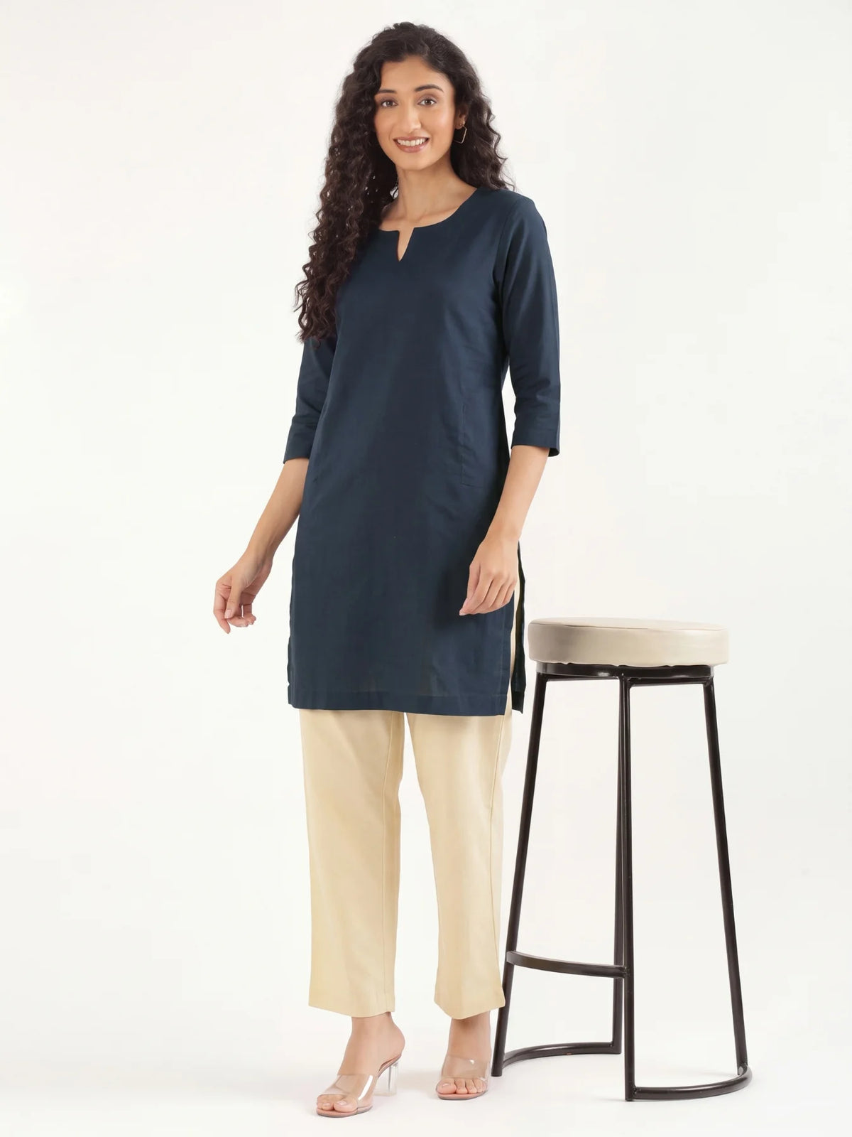 Women Navy Blue Airy Linen Mid Thigh Length Kurta