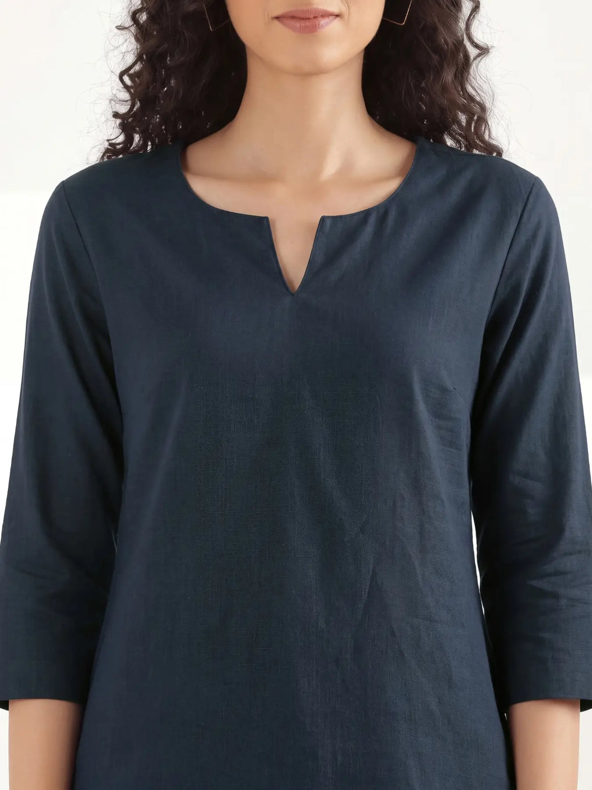 Women Navy Blue Airy Linen Mid Thigh Length Kurta