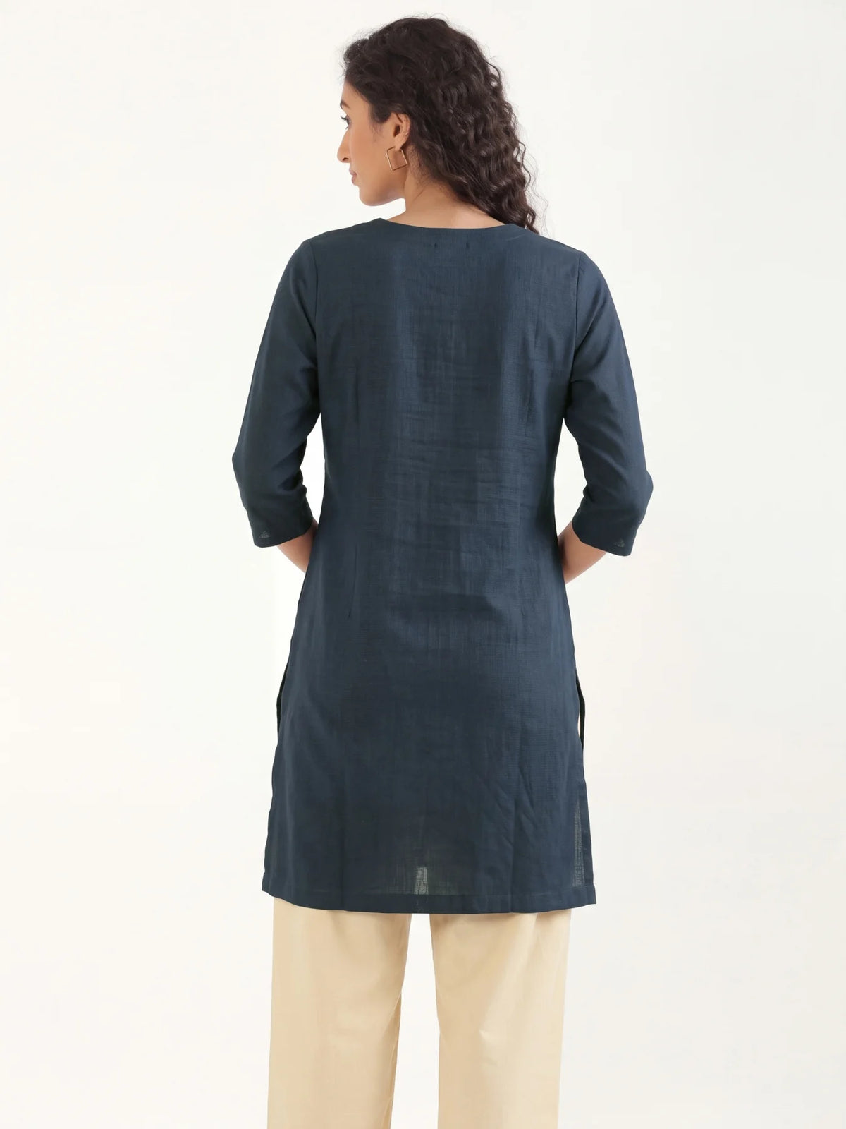 Women Navy Blue Airy Linen Mid Thigh Length Kurta