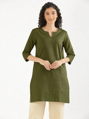 Women Olive Green Airy Linen Mid Thigh Length Kurta