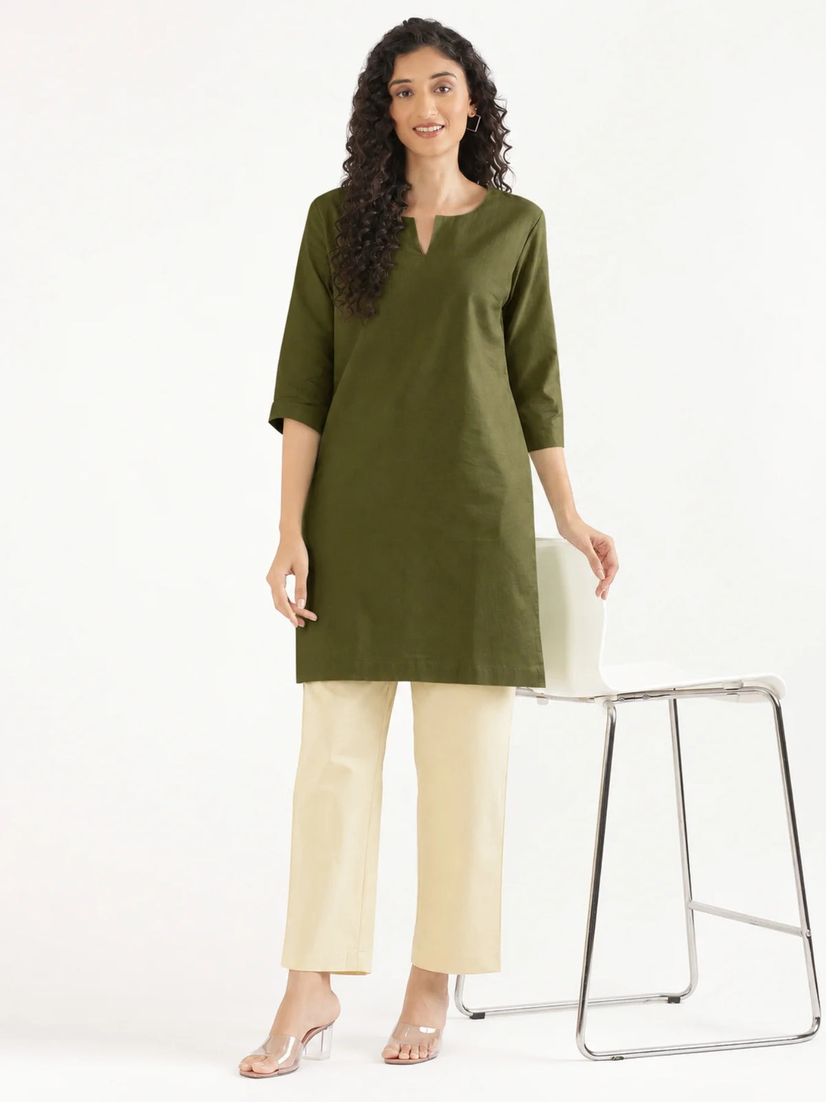 Women Olive Green Airy Linen Mid Thigh Length Kurta