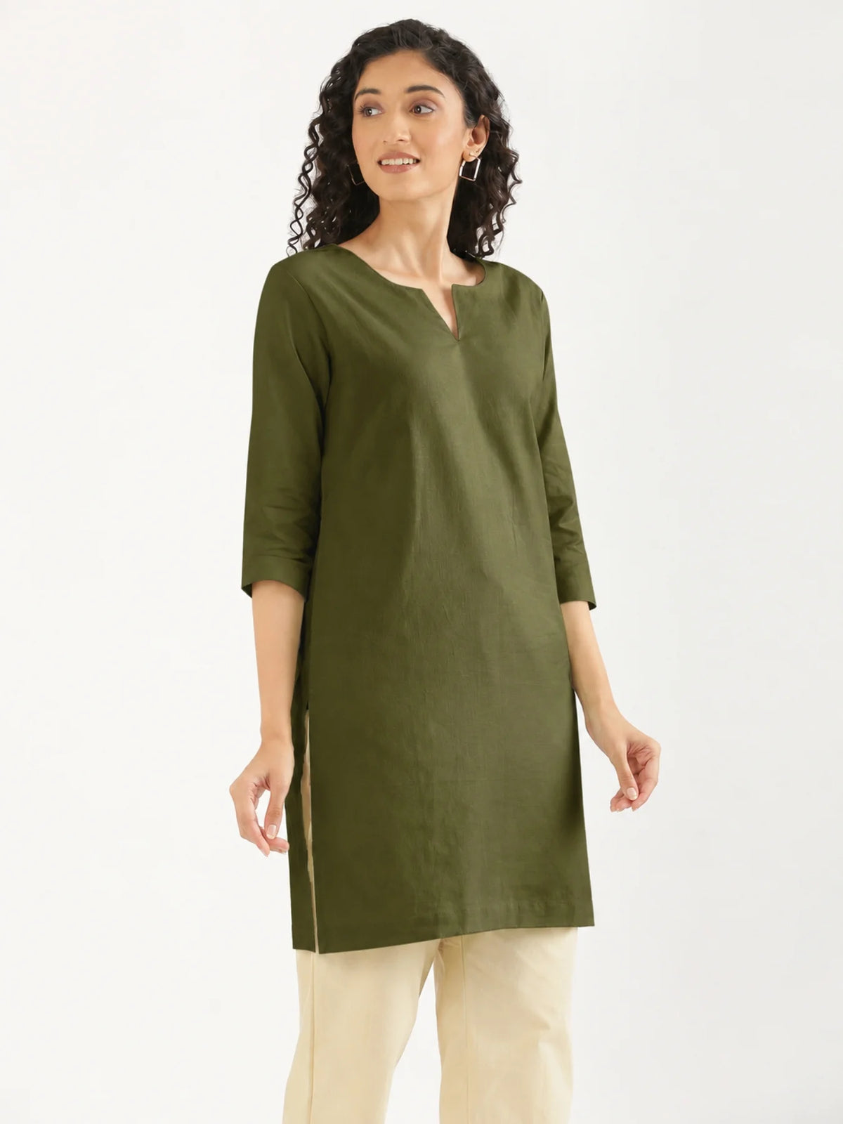 Women Olive Green Airy Linen Mid Thigh Length Kurta