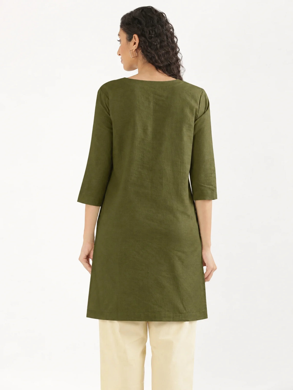 Women Olive Green Airy Linen Mid Thigh Length Kurta