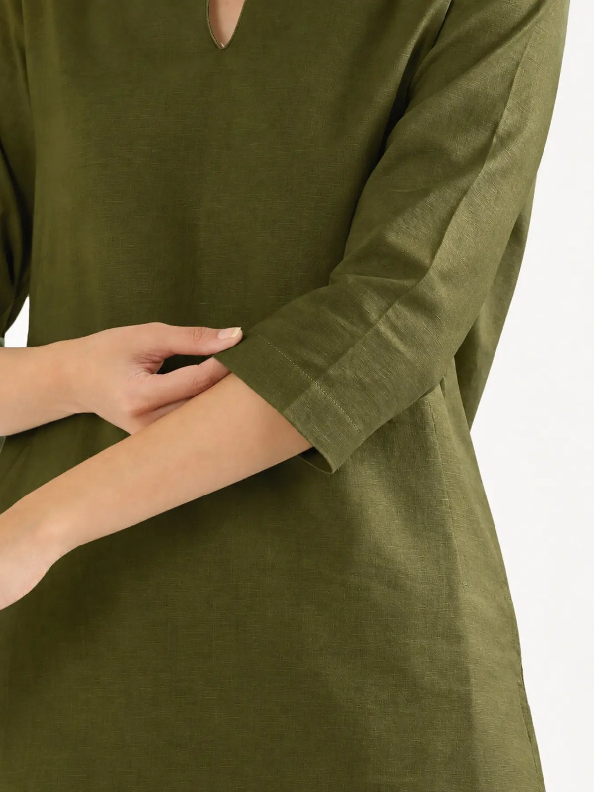 Women Olive Green Airy Linen Mid Thigh Length Kurta