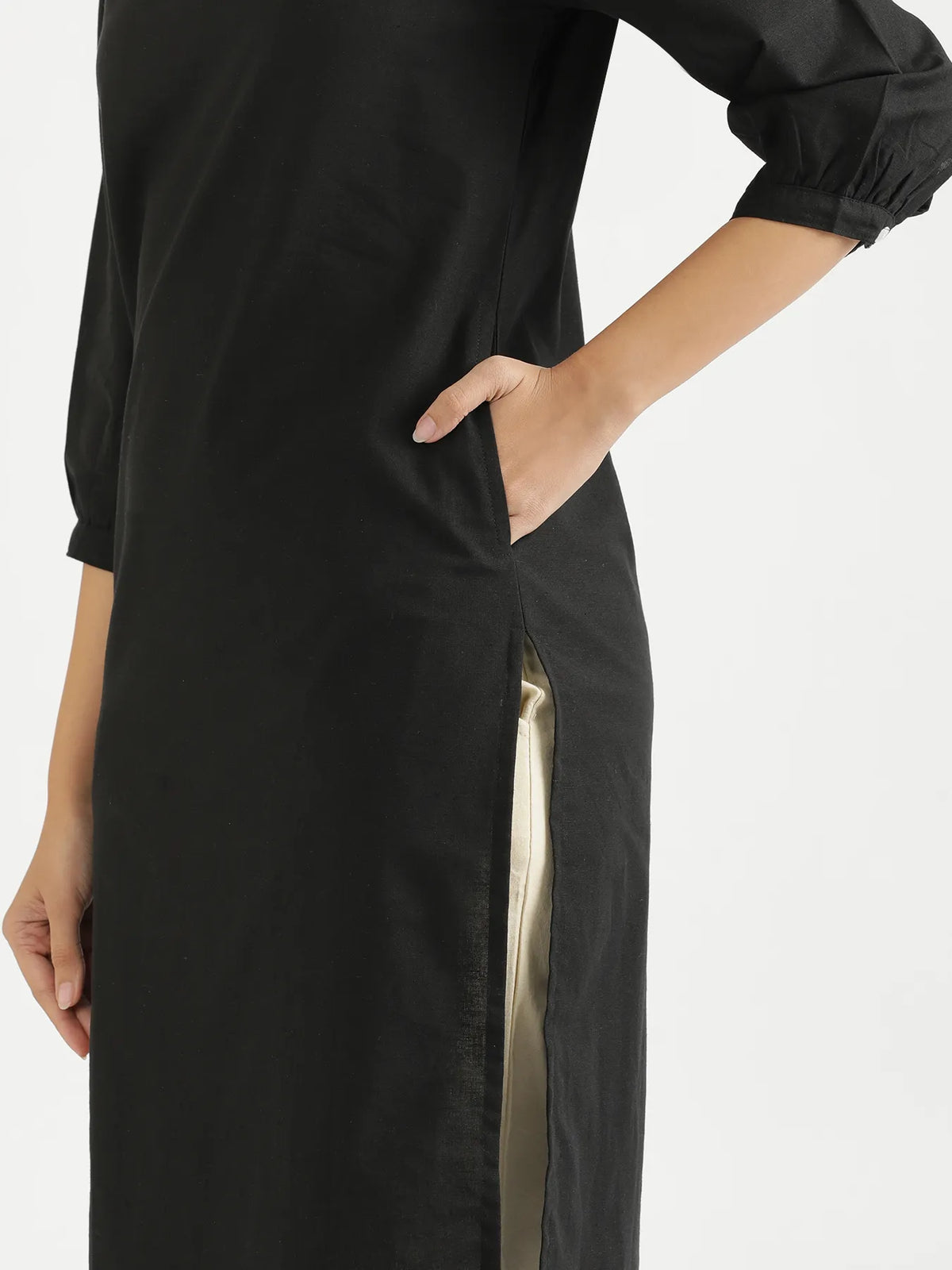 Women Black Airy Linen Puff Sleeve Long Kurta