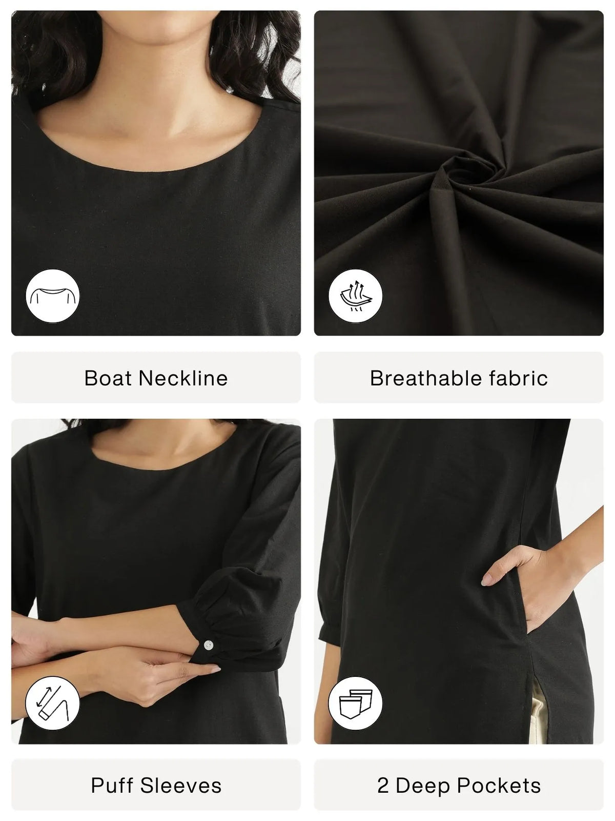 Women Black Airy Linen Puff Sleeve Long Kurta