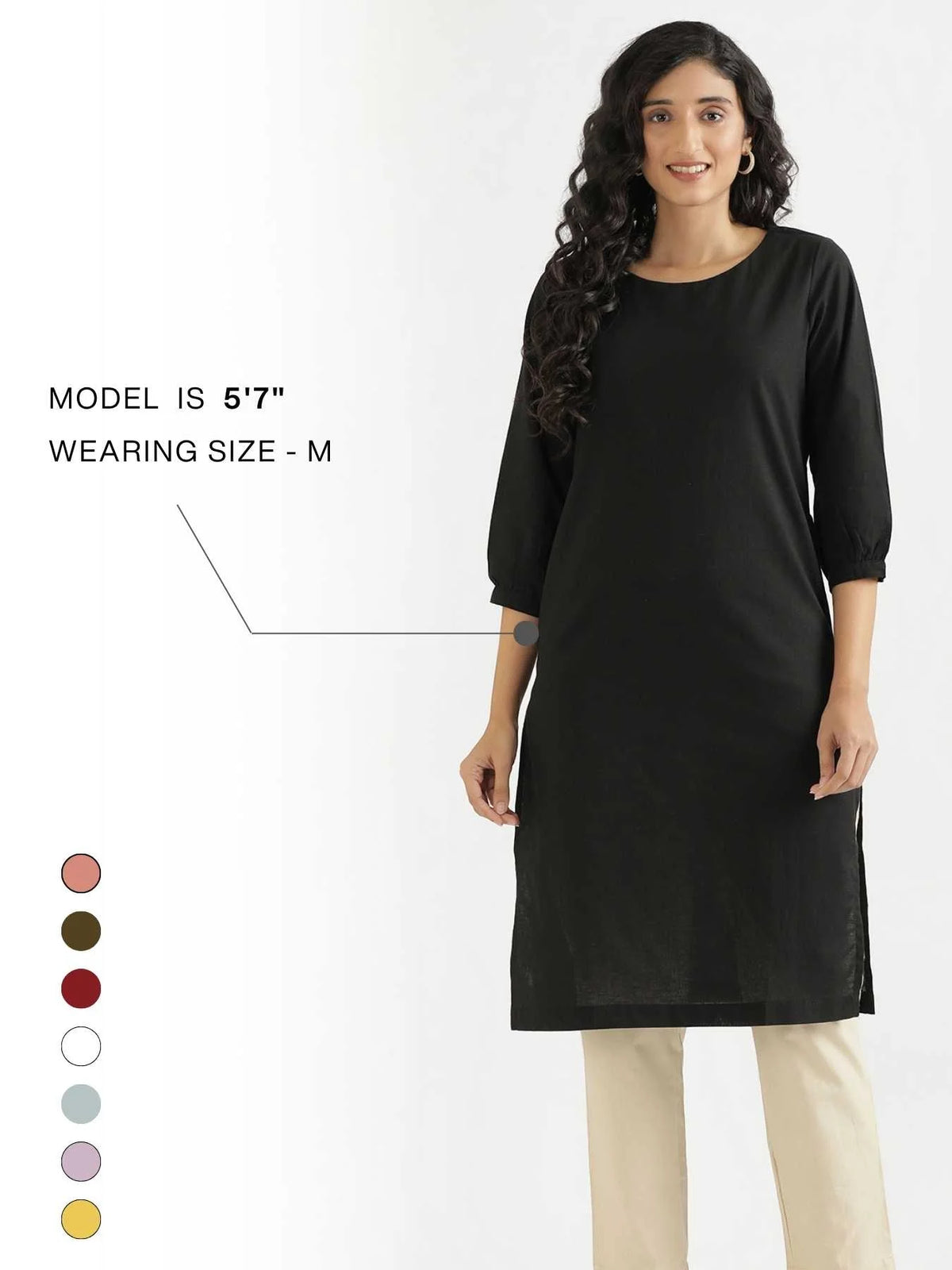 Women Black Airy Linen Puff Sleeve Long Kurta