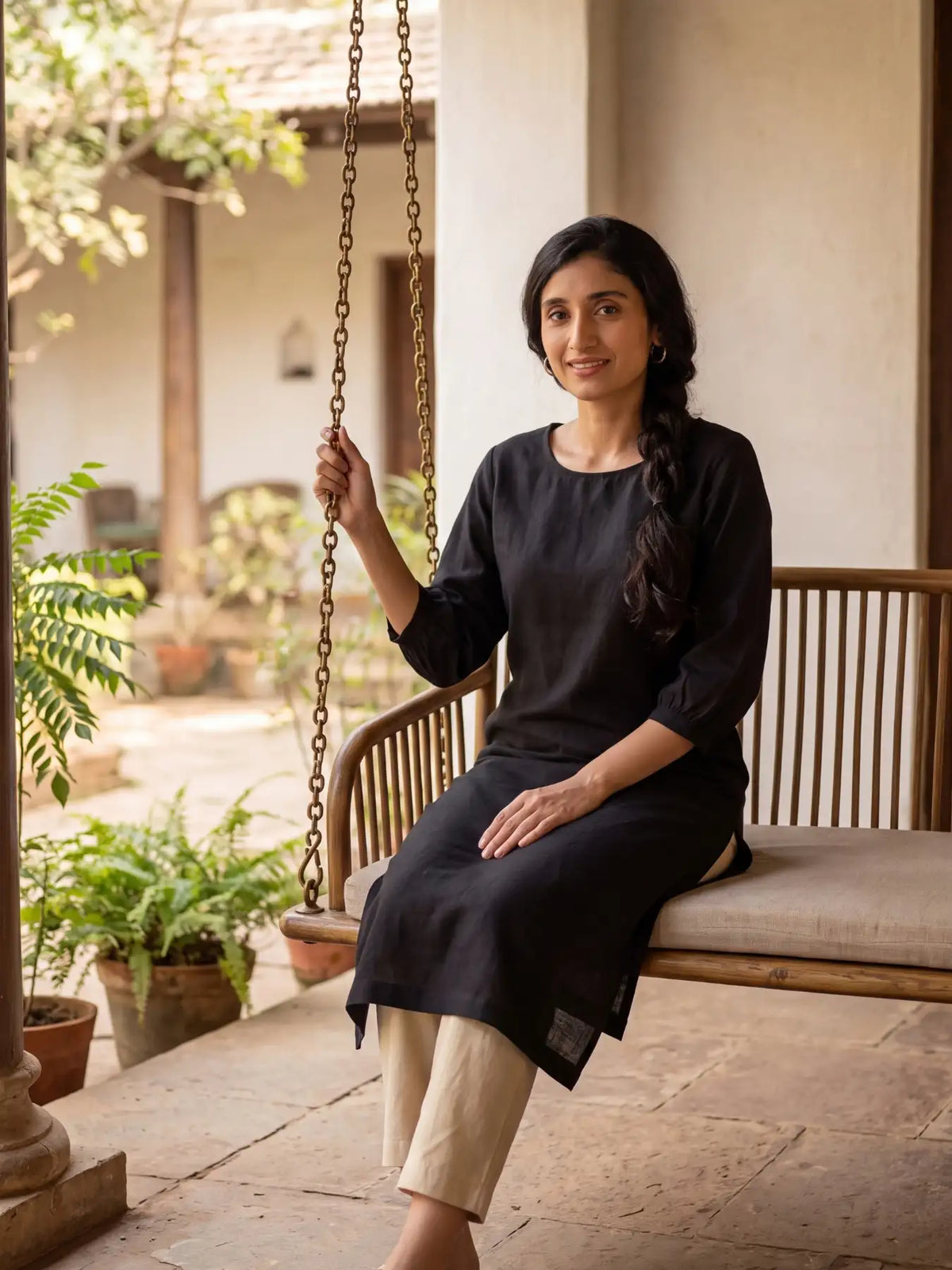 Women Black Airy Linen Puff Sleeve Long Kurta