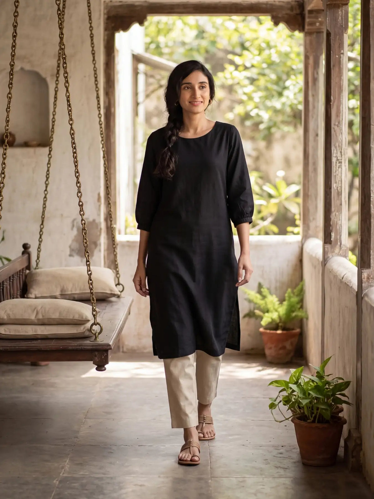Women Black Airy Linen Puff Sleeve Long Kurta