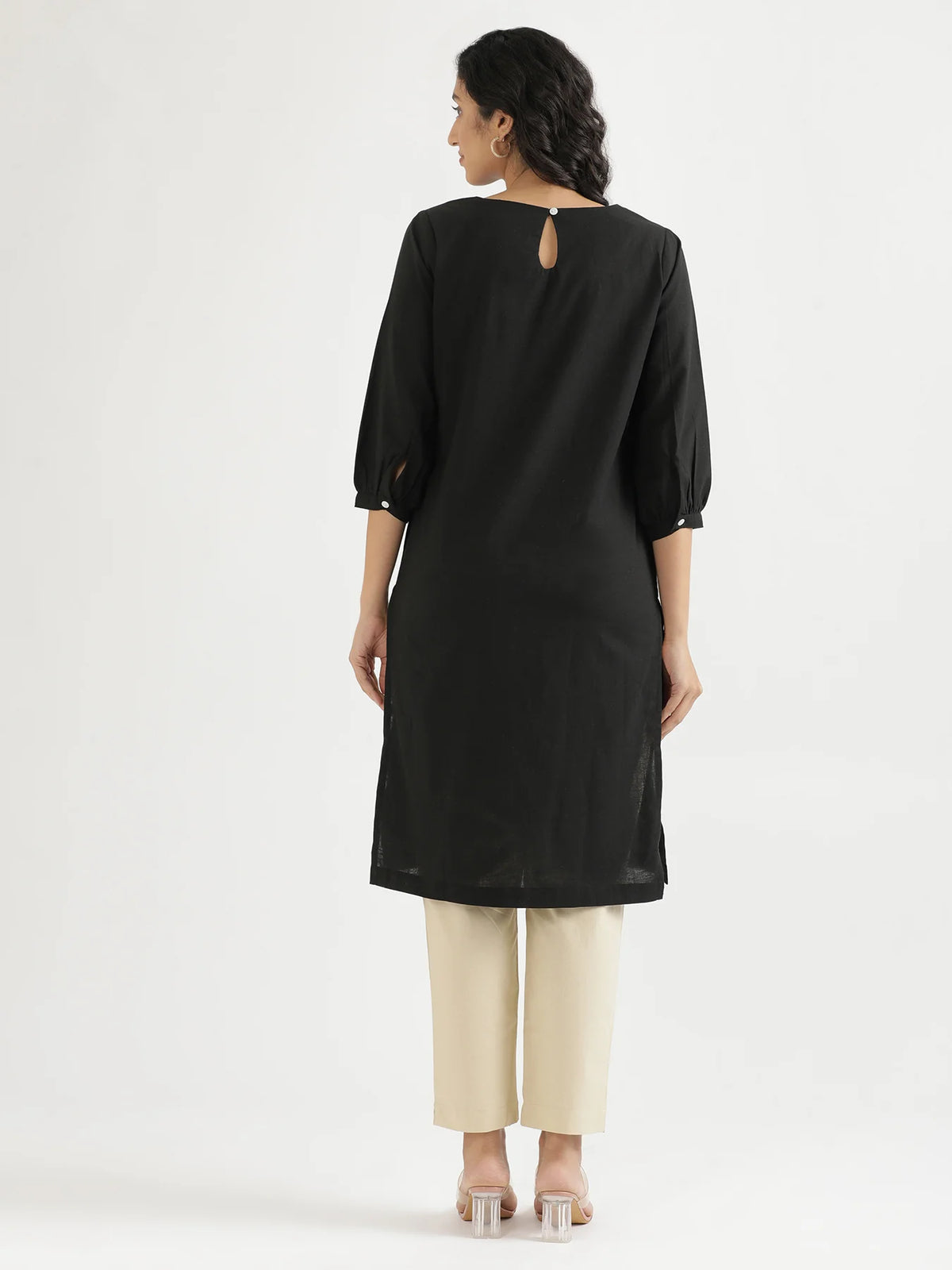Women Black Airy Linen Puff Sleeve Long Kurta