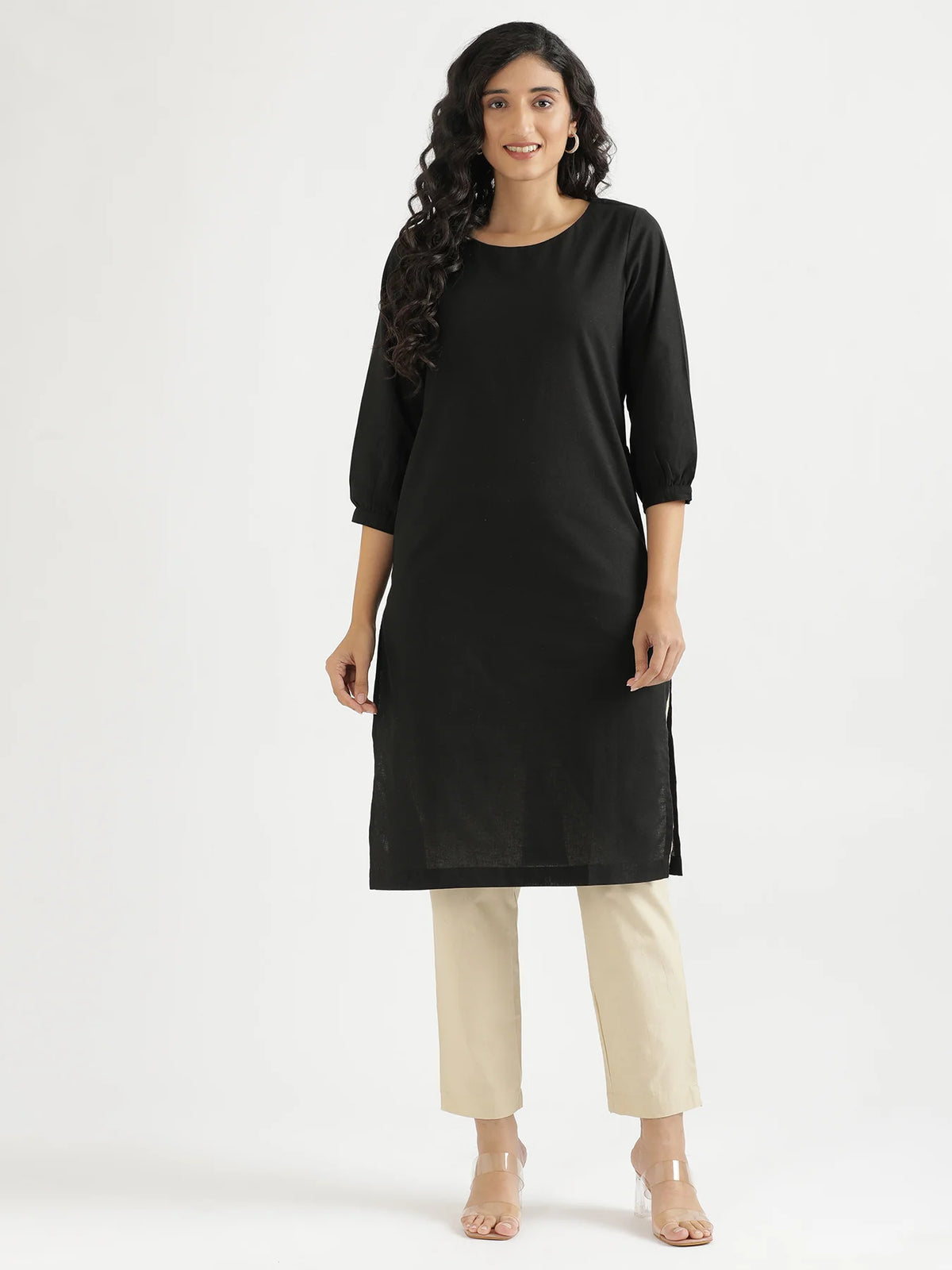 Women Black Airy Linen Puff Sleeve Long Kurta