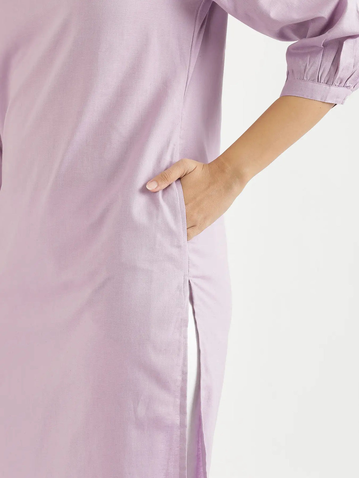 Women Lilac Airy Linen Puff Sleeve Long Kurta