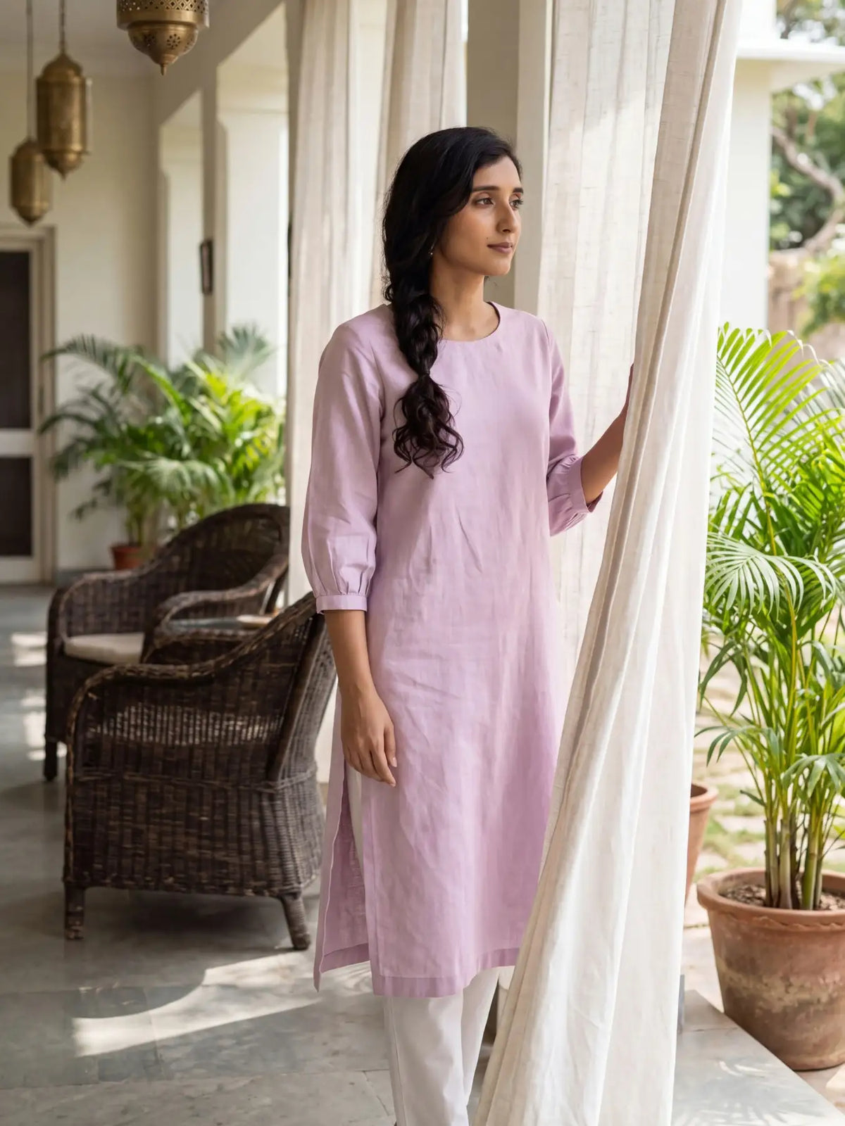 Women Lilac Airy Linen Puff Sleeve Long Kurta