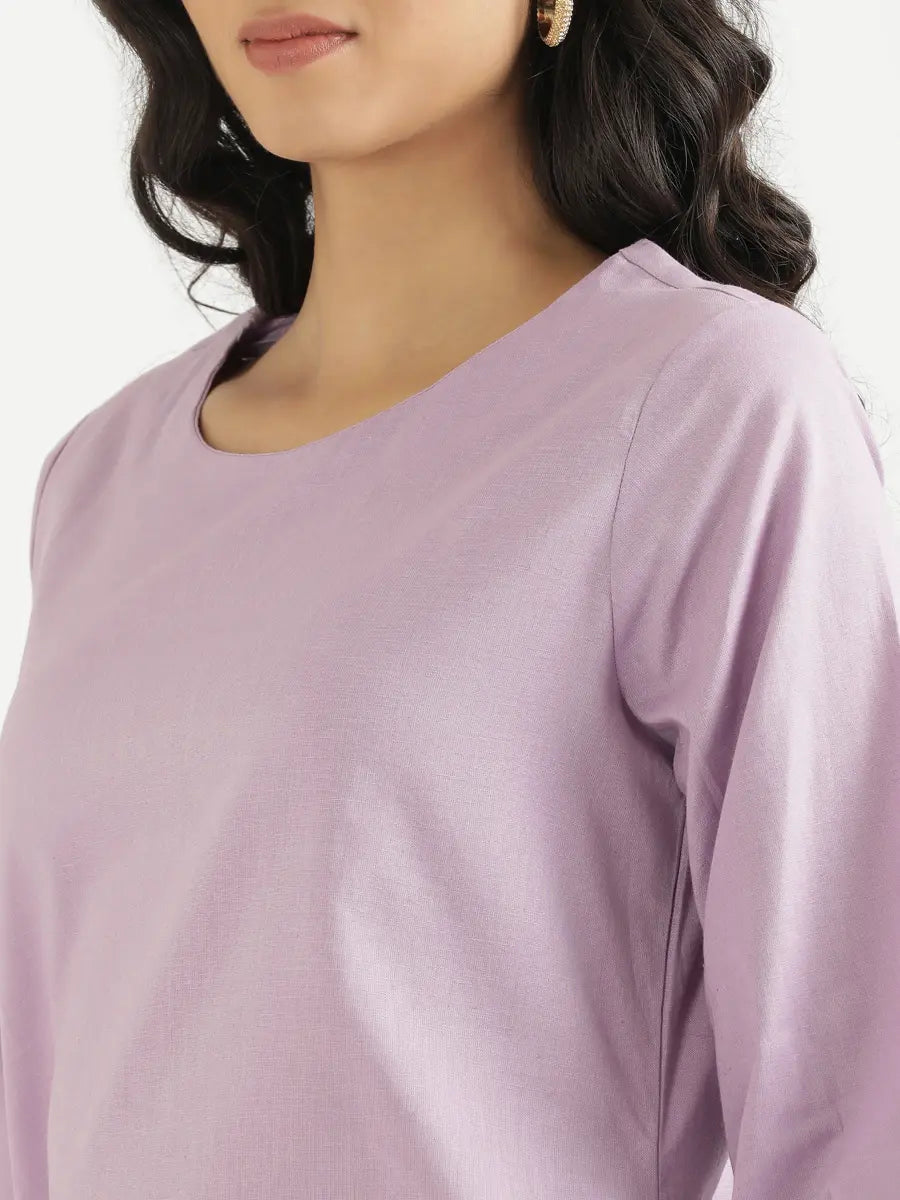Women Lilac Airy Linen Puff Sleeve Long Kurta