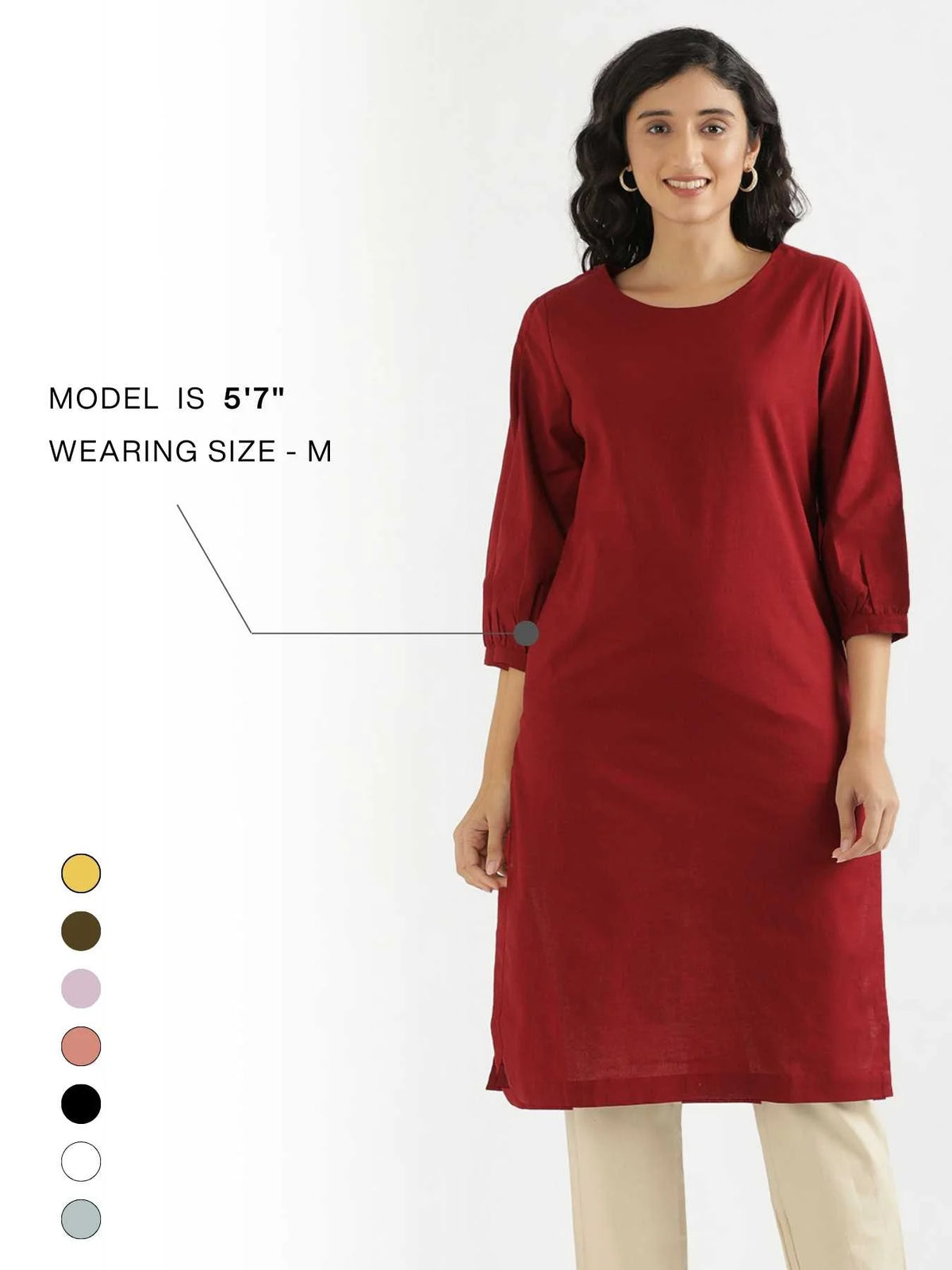 Women Maroon Airy Linen Puff Sleeve Long Kurta