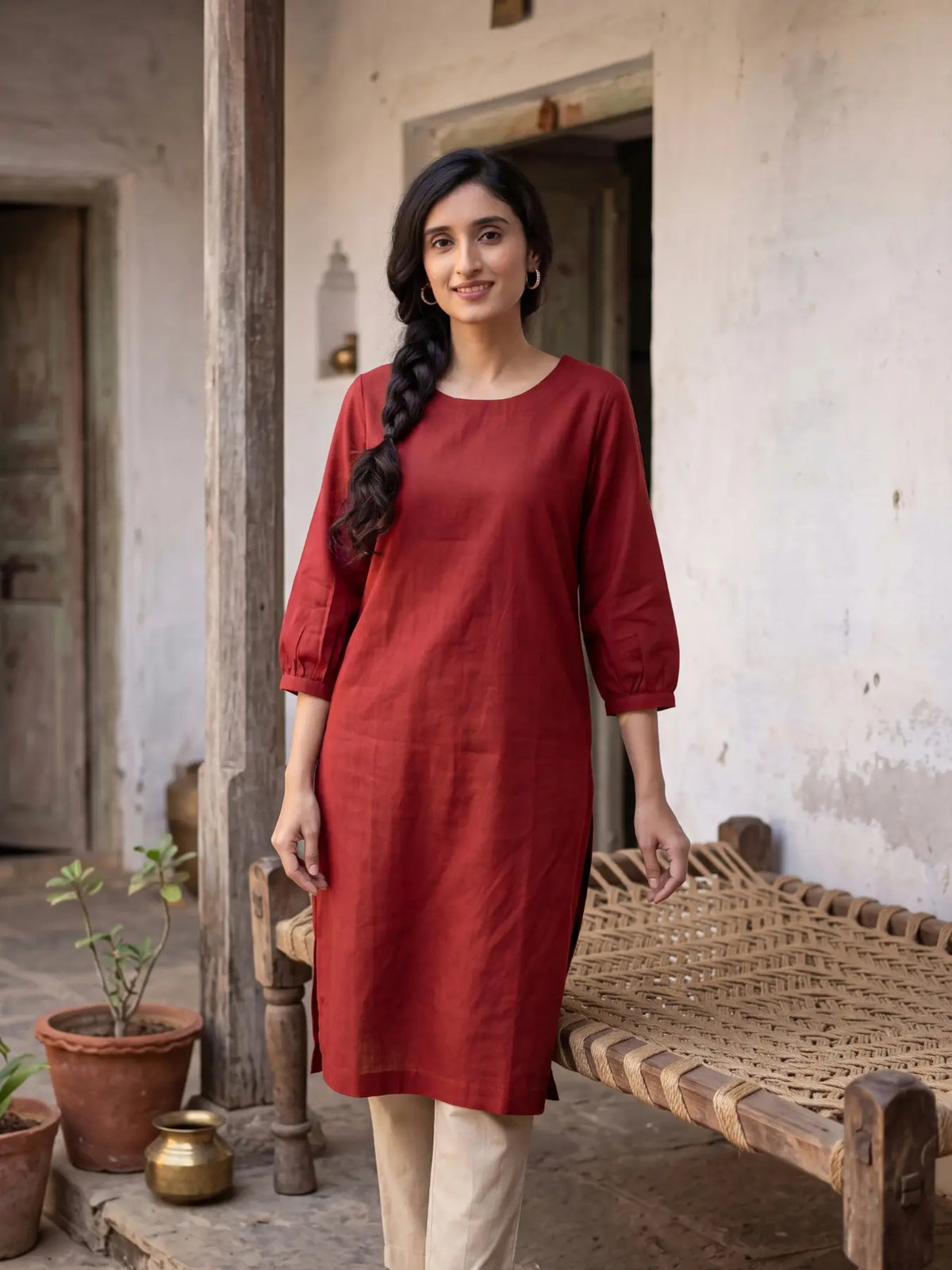 Women Maroon Airy Linen Puff Sleeve Long Kurta