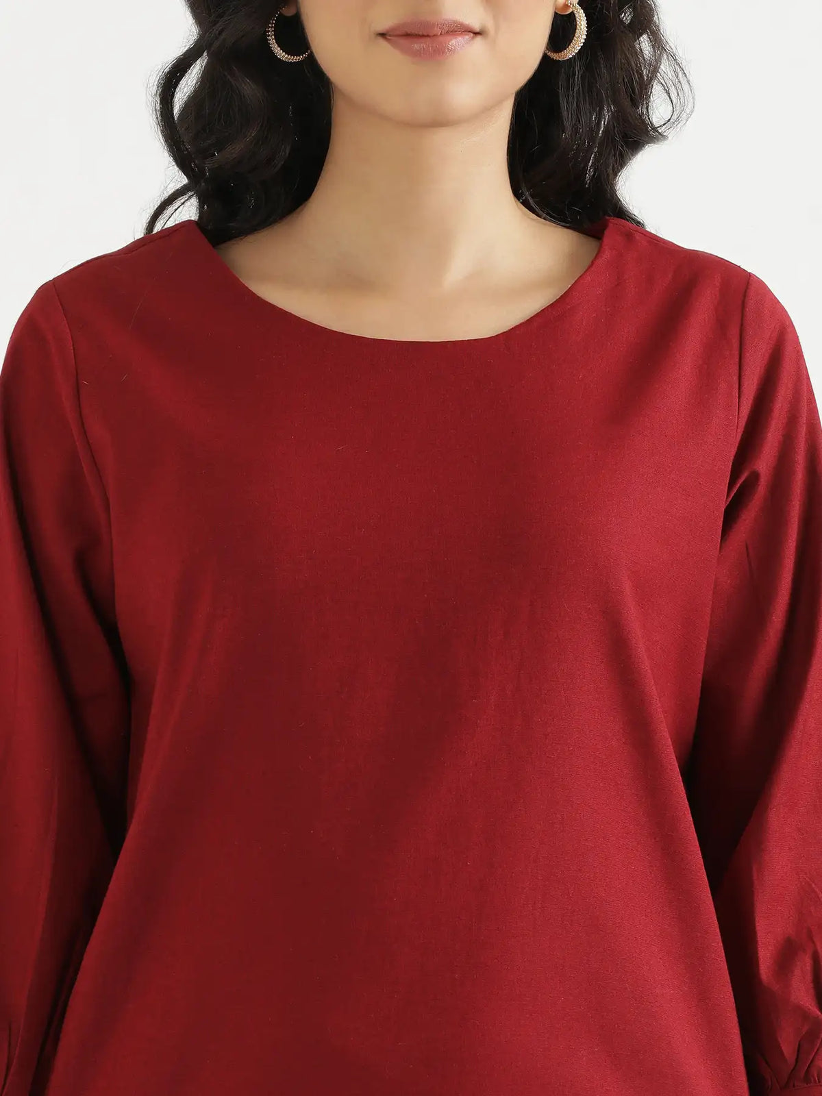 Women Maroon Airy Linen Puff Sleeve Long Kurta