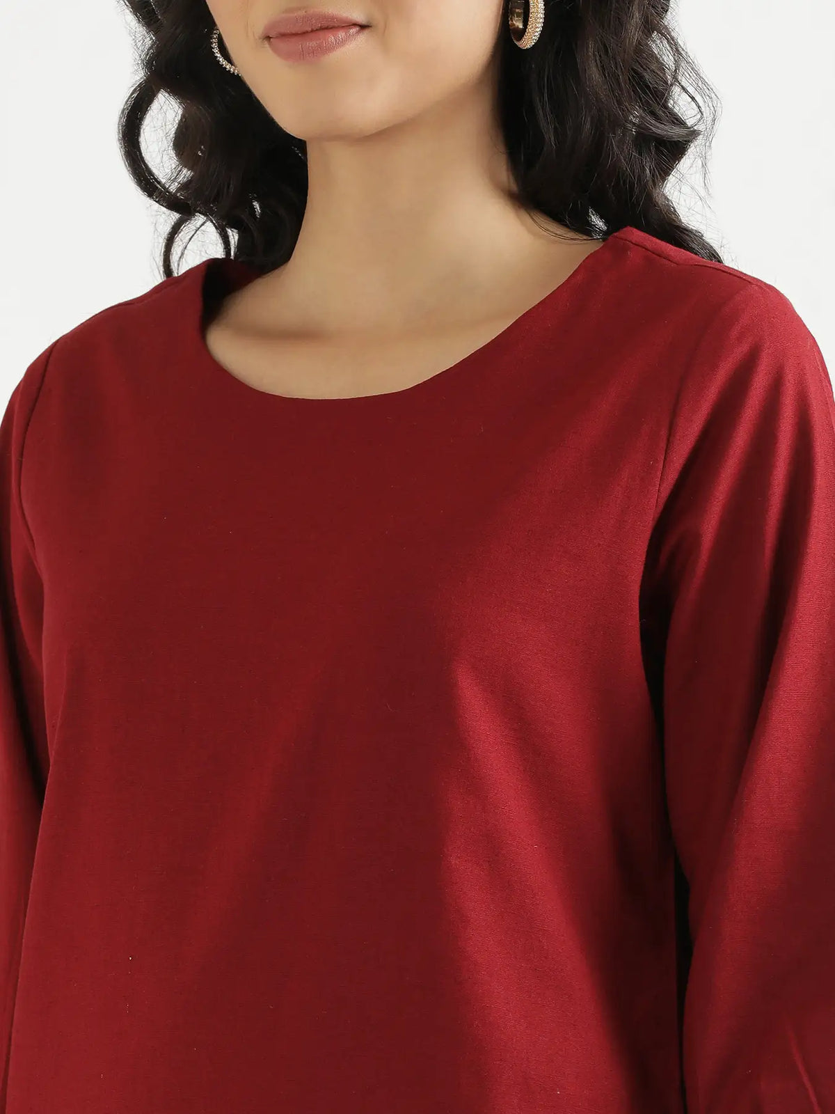 Women Maroon Airy Linen Puff Sleeve Long Kurta