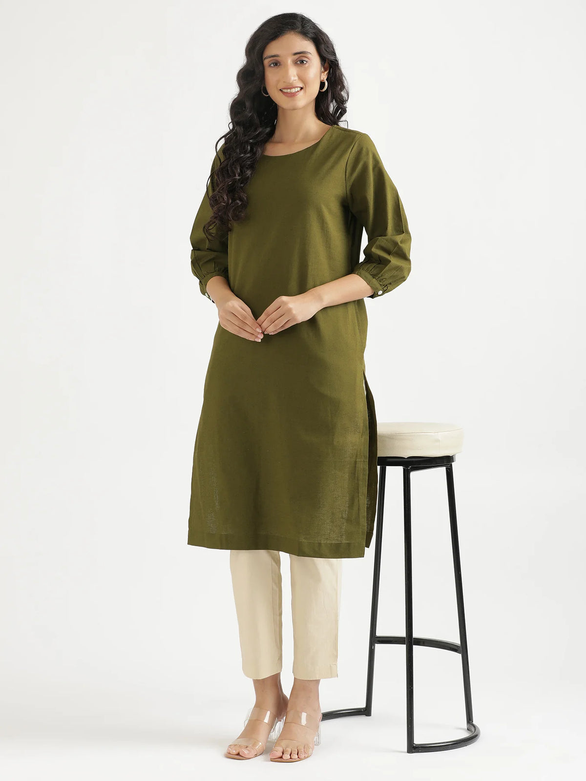 Women Olive Green Airy Linen Puff Sleeve Long Kurta