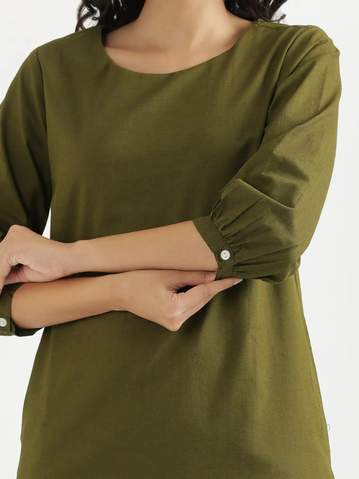 Women Olive Green Airy Linen Puff Sleeve Long Kurta
