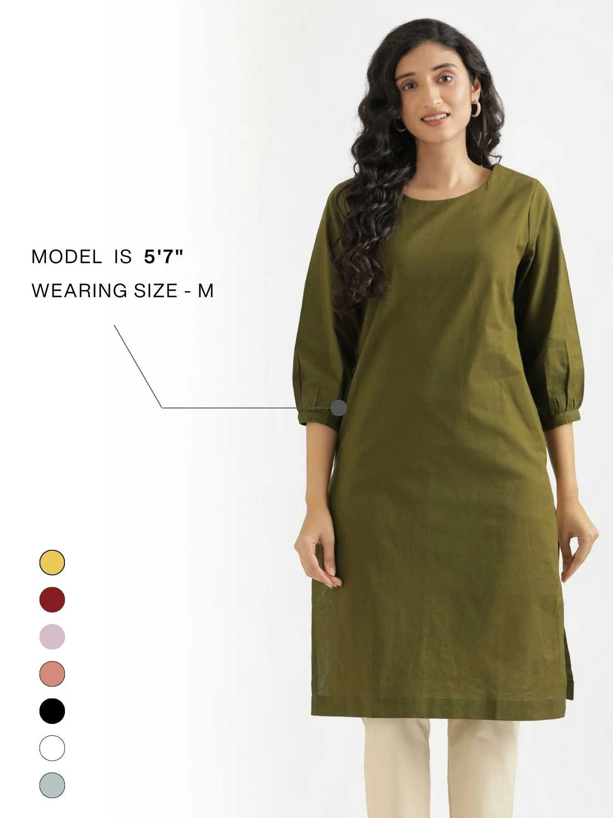 Women Olive Green Airy Linen Puff Sleeve Long Kurta