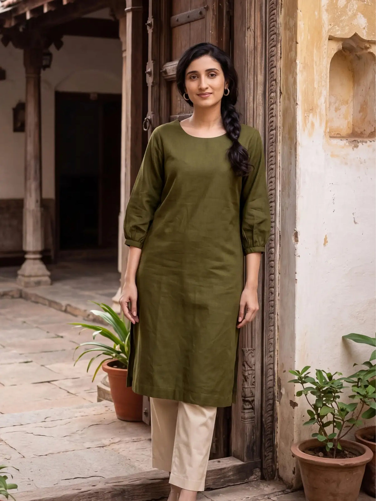 Women Olive Green Airy Linen Puff Sleeve Long Kurta