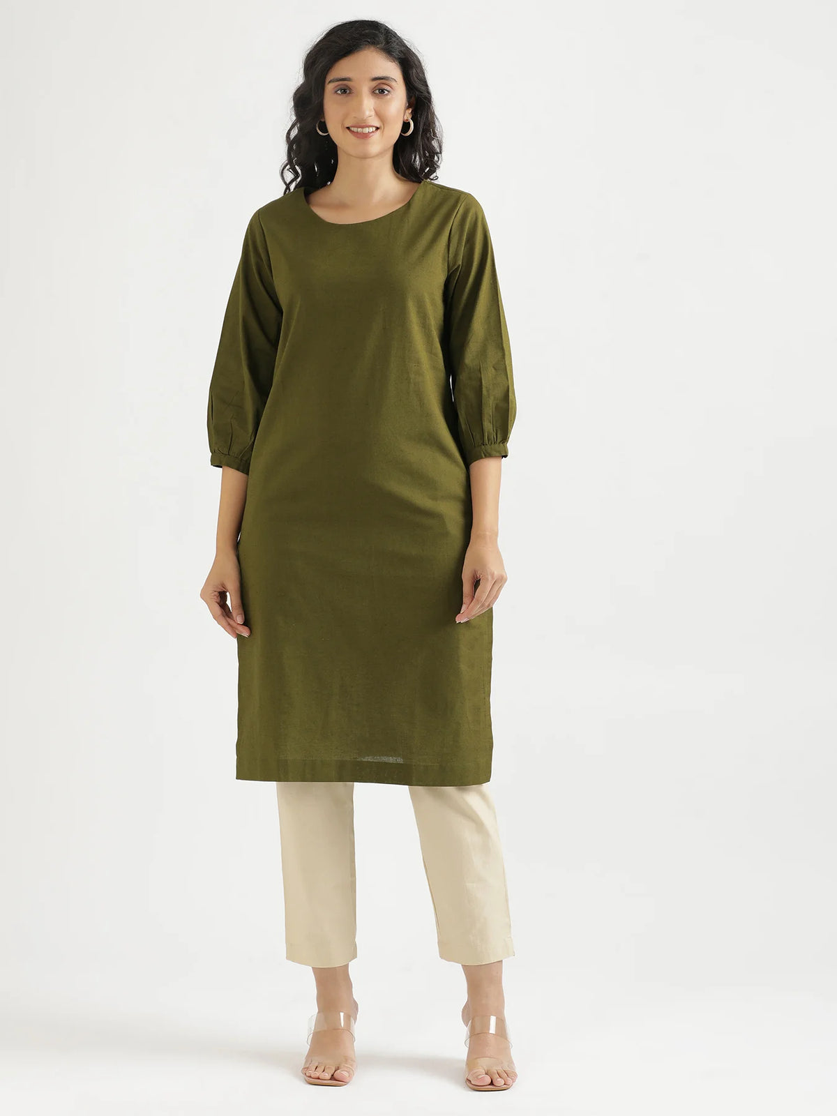 Women Olive Green Airy Linen Puff Sleeve Long Kurta
