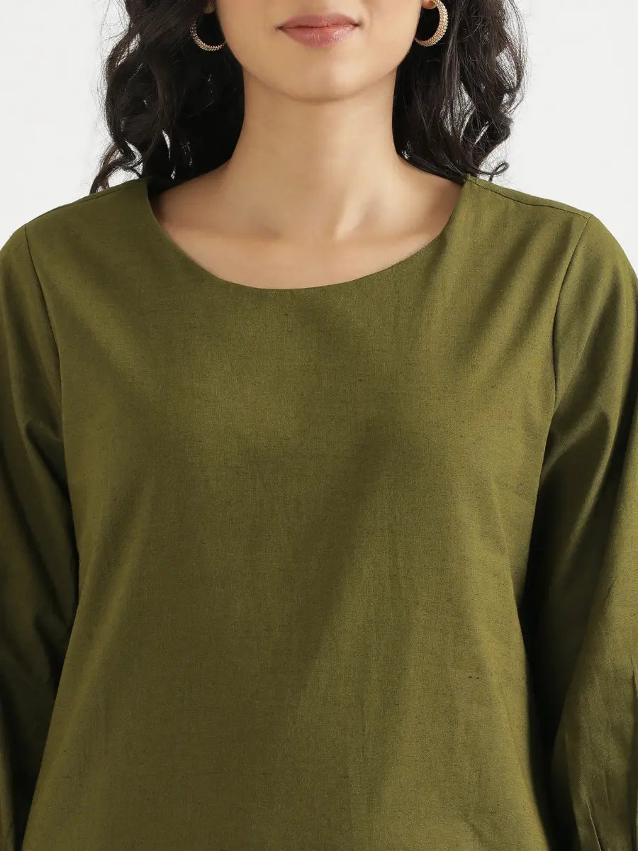 Women Olive Green Airy Linen Puff Sleeve Long Kurta