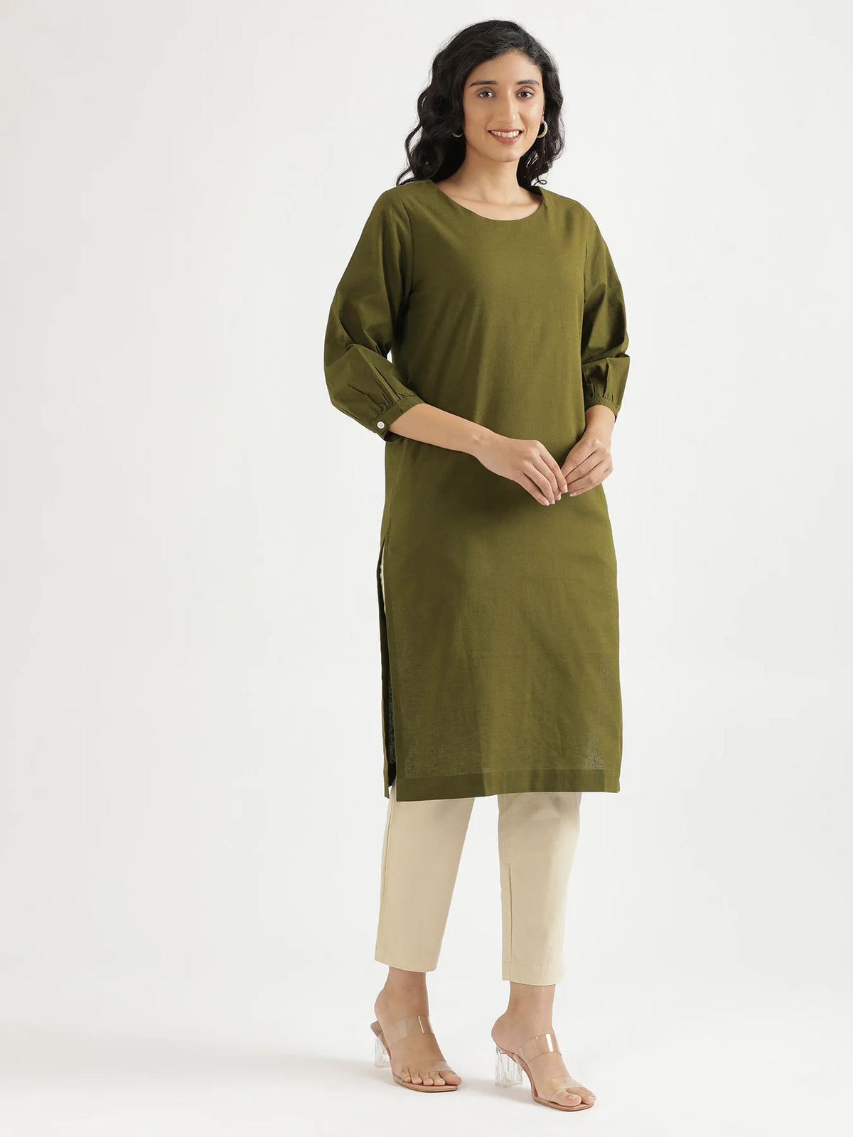 Women Olive Green Airy Linen Puff Sleeve Long Kurta