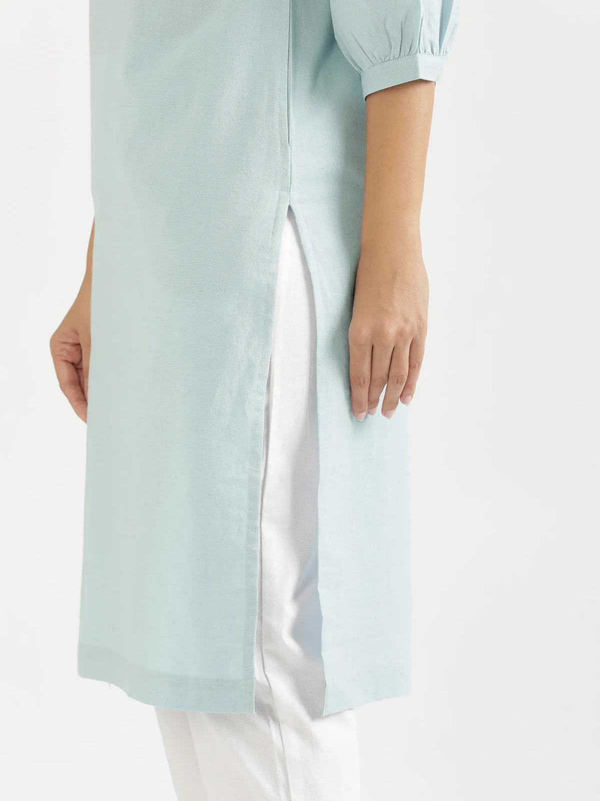 Women Sky Blue Airy Linen Puff Sleeve Long Kurta