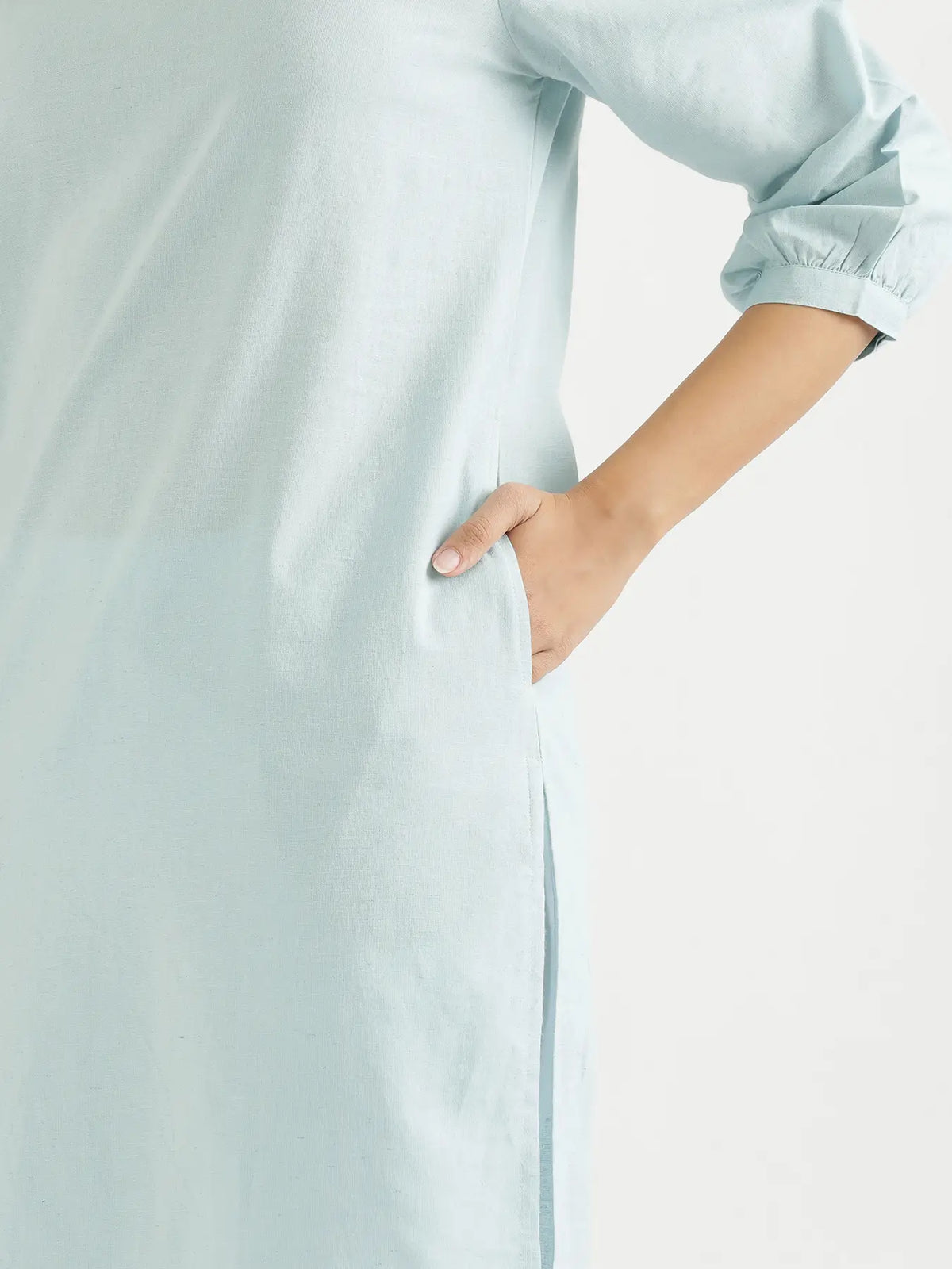 Women Sky Blue Airy Linen Puff Sleeve Long Kurta