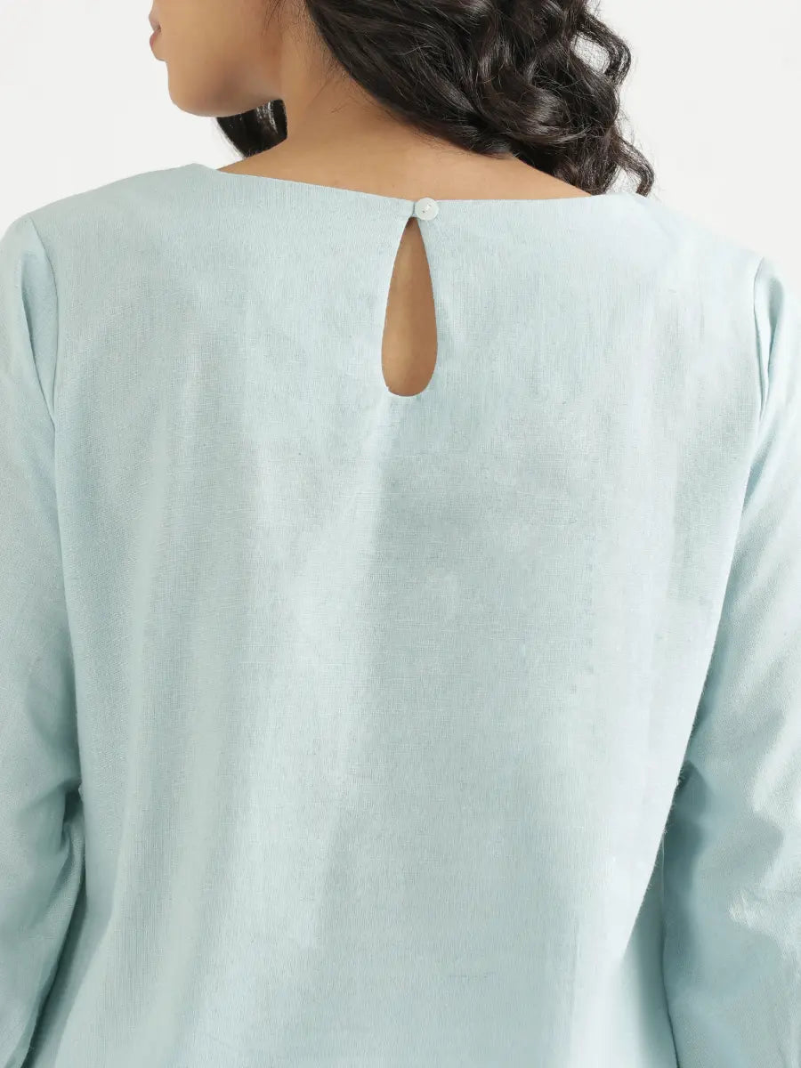 Women Sky Blue Airy Linen Puff Sleeve Long Kurta