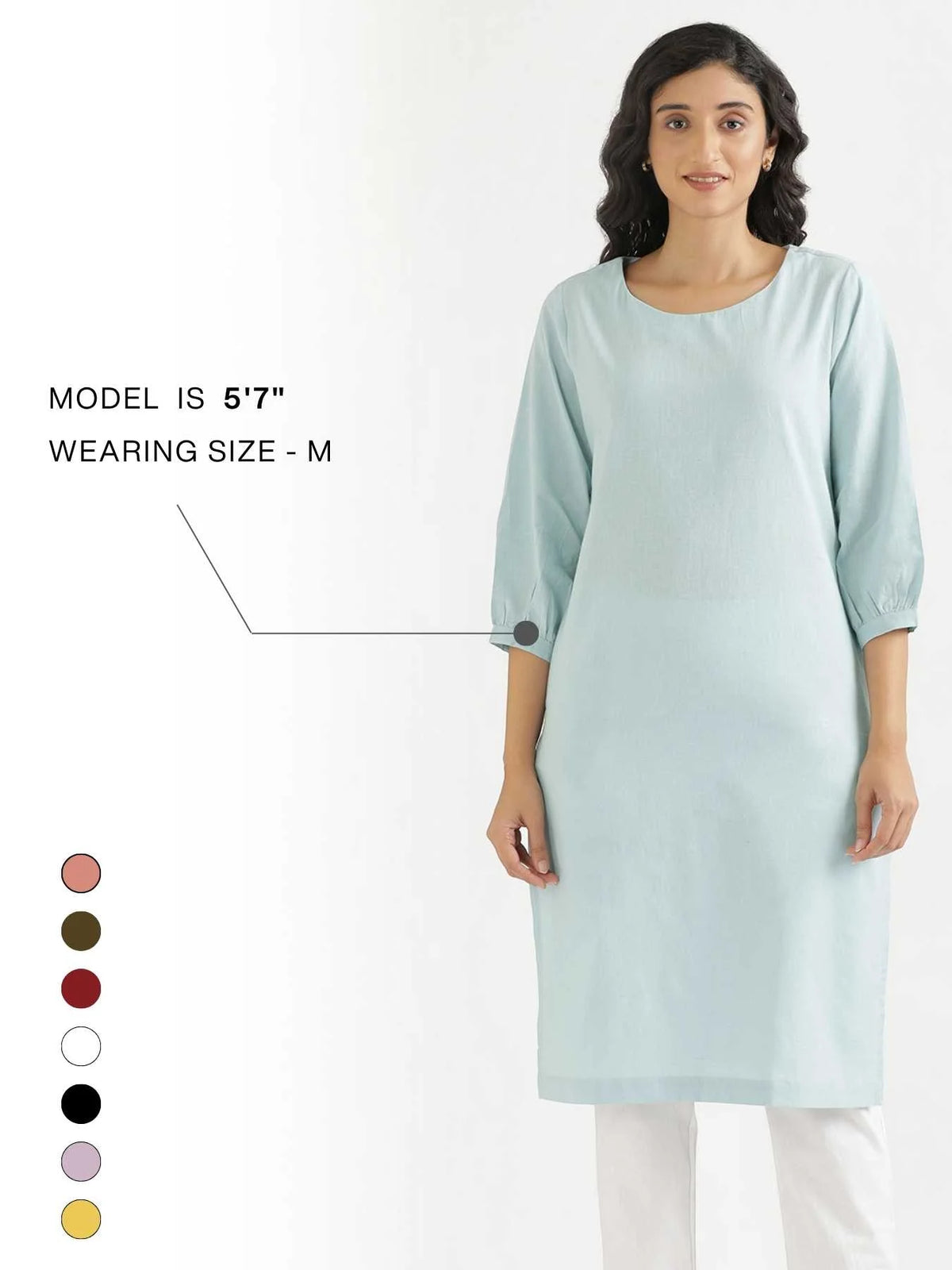 Women Sky Blue Airy Linen Puff Sleeve Long Kurta