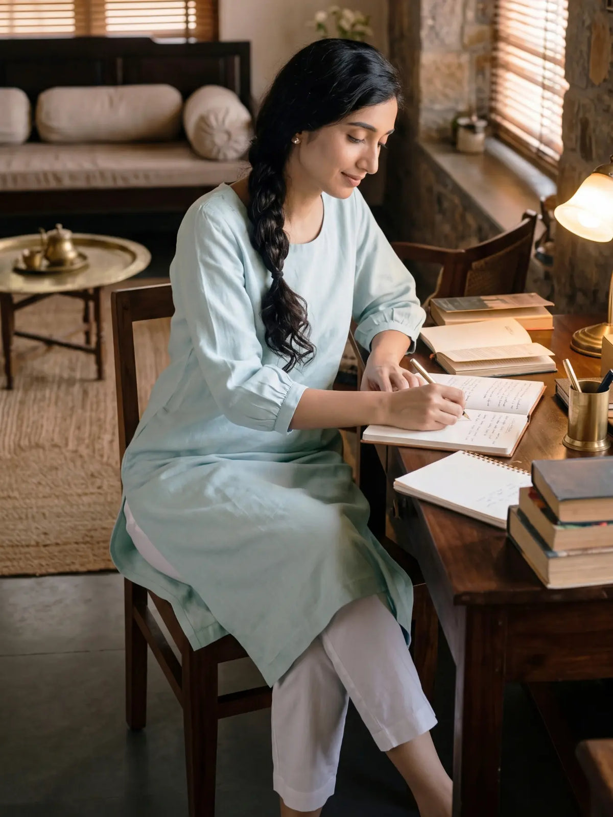 Women Sky Blue Airy Linen Puff Sleeve Long Kurta