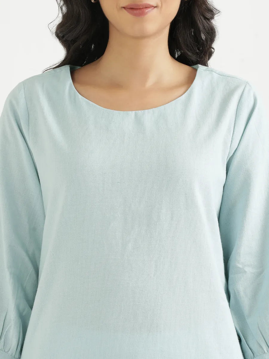 Women Sky Blue Airy Linen Puff Sleeve Long Kurta