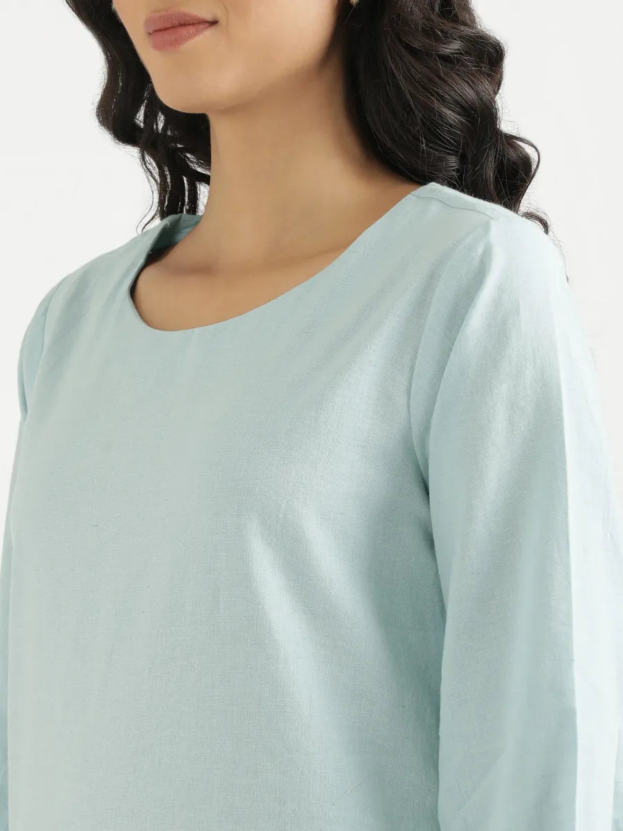 Women Sky Blue Airy Linen Puff Sleeve Long Kurta