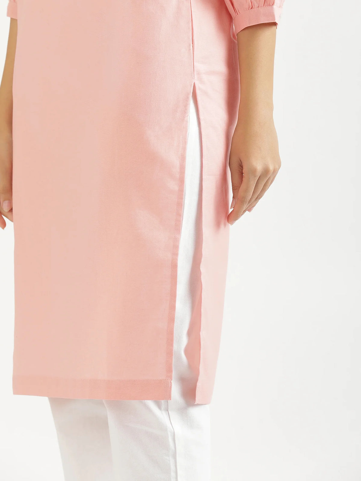 Women Salmon Pink Airy Linen Puff Sleeve Long Kurta